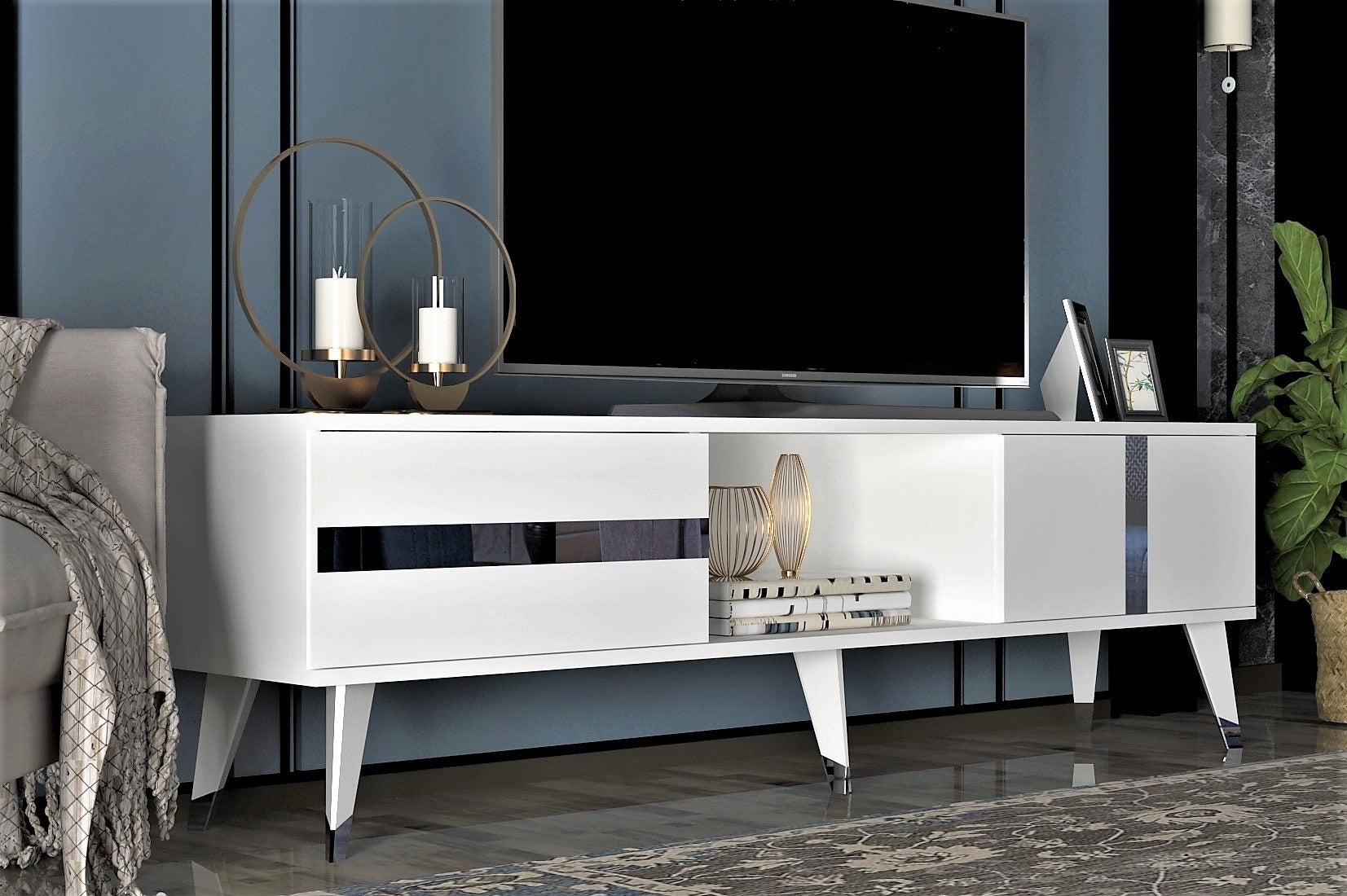 Móvel de TV – 150cm – Branco e Prata – Painel de partículas