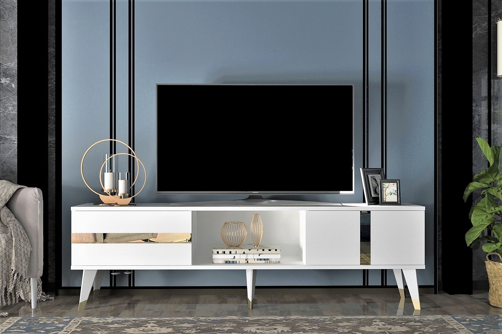 Móvel de TV – 150cm x 29.6cm x 50cm – Branco e Dourado – Melamina