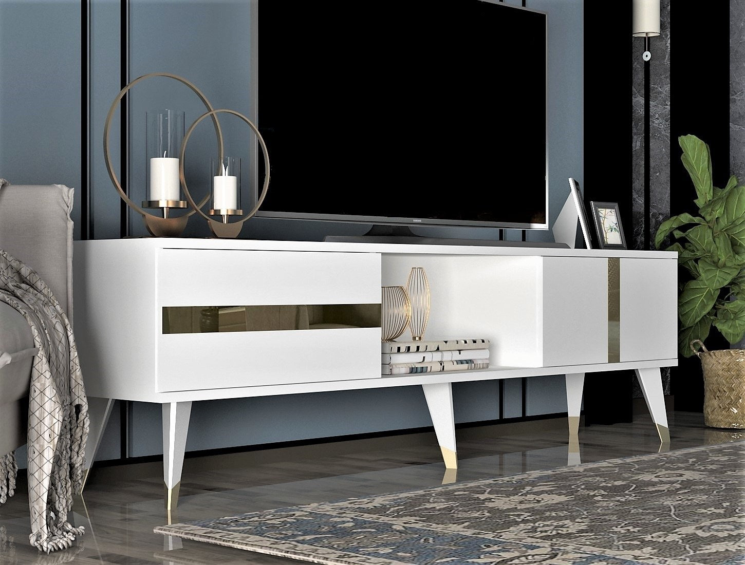 Móvel de TV – 150cm x 29.6cm x 50cm – Branco e Dourado – Melamina
