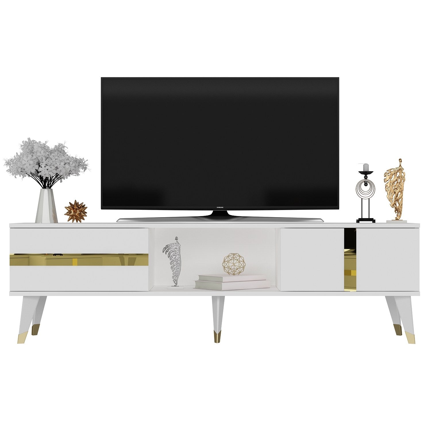 Móvel de TV – 150cm x 29.6cm x 50cm – Branco e Dourado – Melamina