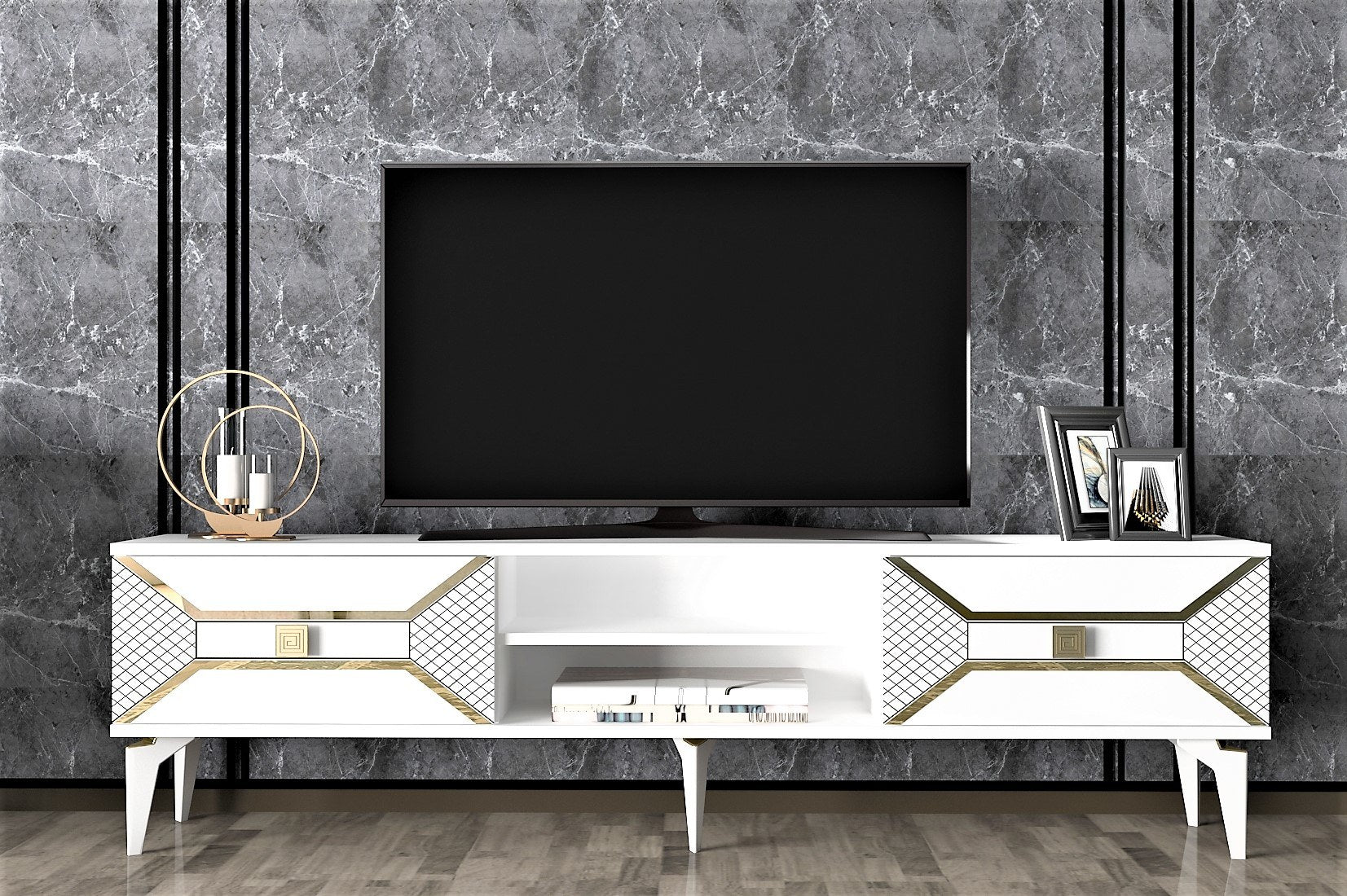 Móvel de TV – 150 cm x 50 cm x 30 cm – Branco e dourado – Painel de partículas