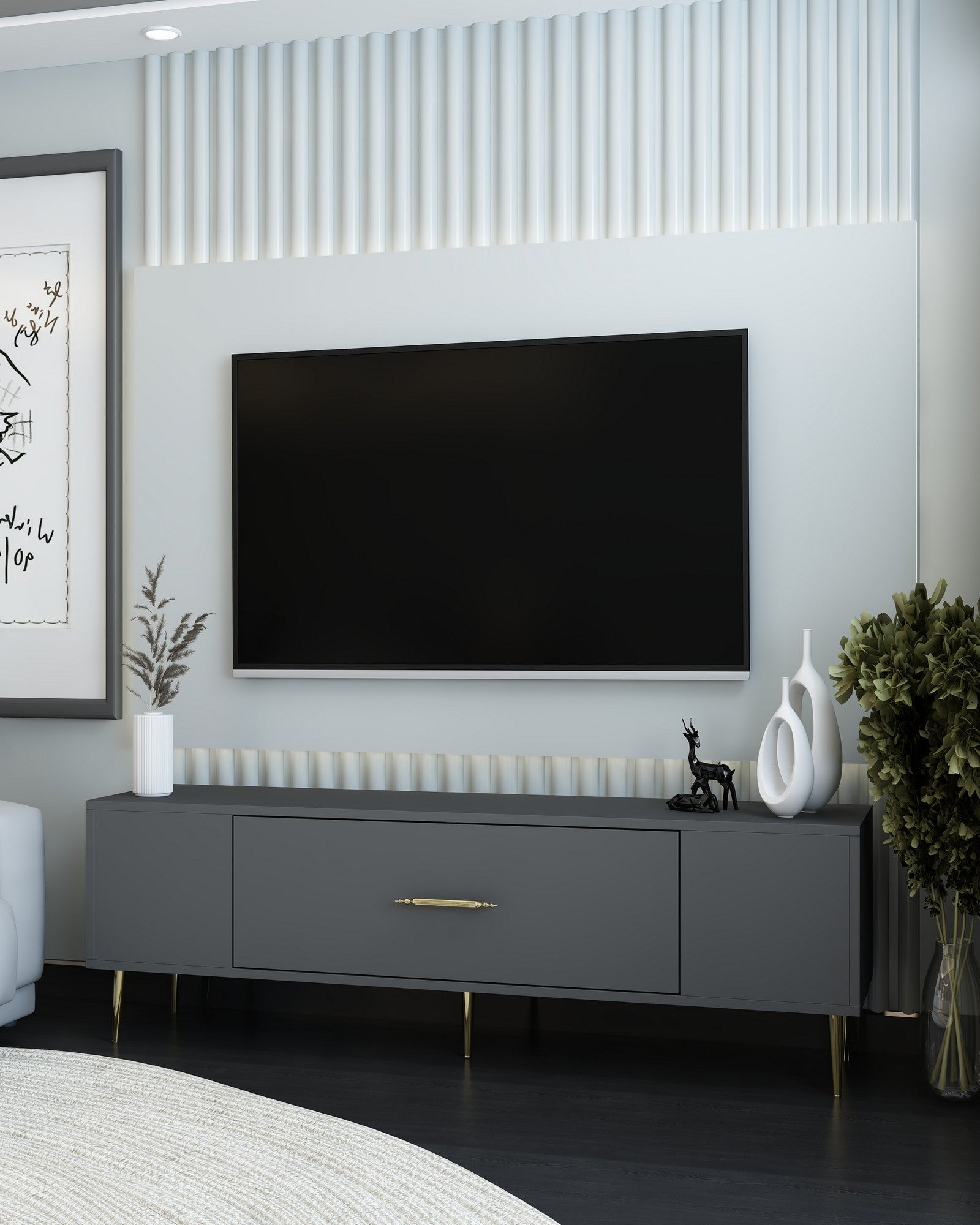 Móvel de TV – 150cm x 48.2cm x 29.6cm – Antracite e Dourado – Aglomerado revestido de melamina
