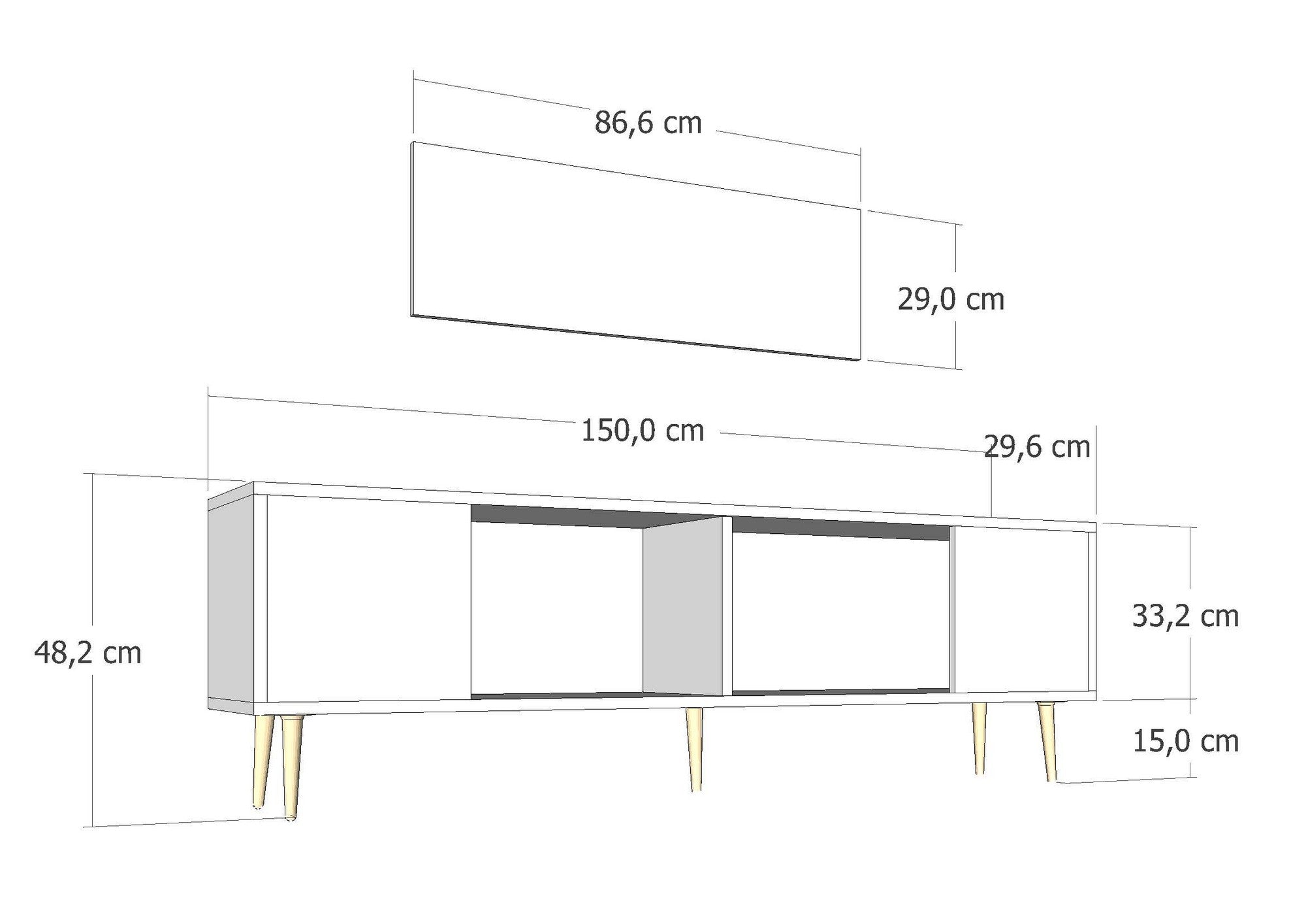 Móvel de TV – 150cm x 48,2cm x 29,6cm – Branco e Prata – MDF
