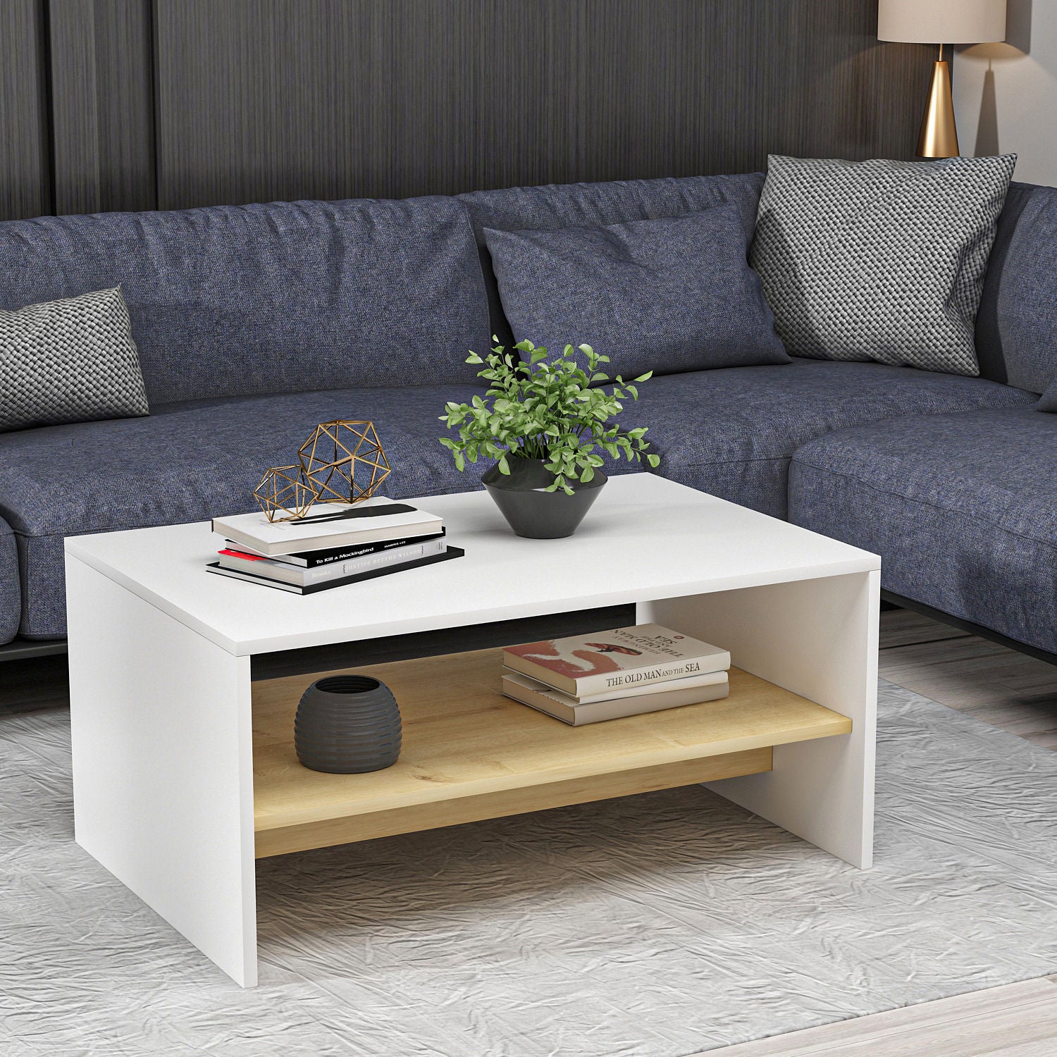 Mesa de Centro Moderna de 2 Andares, Carvalho Branco e Safira, 90 x 46,8 x 45 cm | Painel de Partículas 100% Revestido com Melamina, 18 mm de Espessura | Design Elegante e Funcional para Casa
