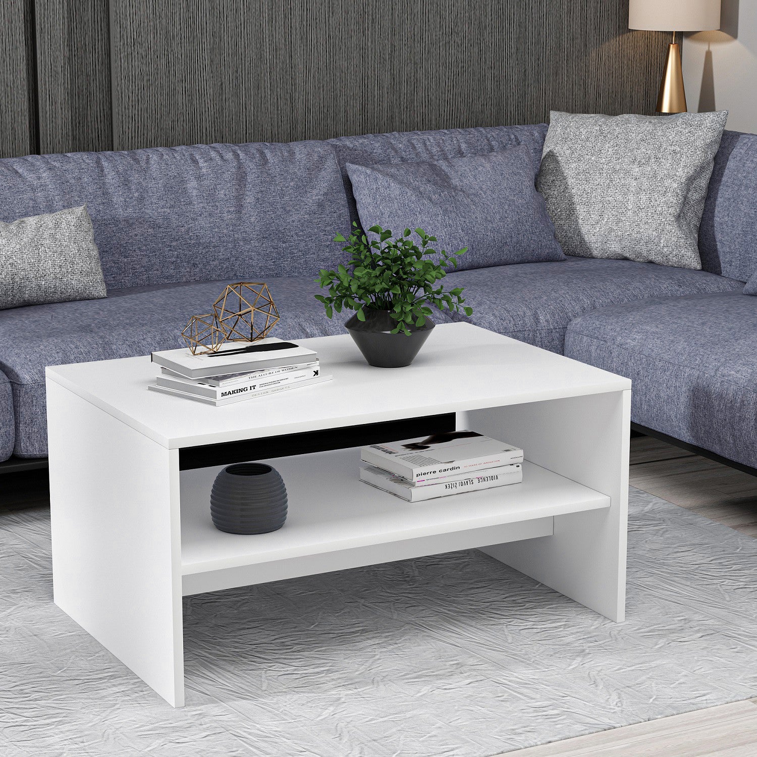 Mesa de Centro Moderna, Branca, 90 x 46,8 x 45 cm | Painel de Partículas 100% Revestido em Melamina, 18 mm de Espessura | Design Elegante com Armazenamento Adicional para Casa e Escritório
