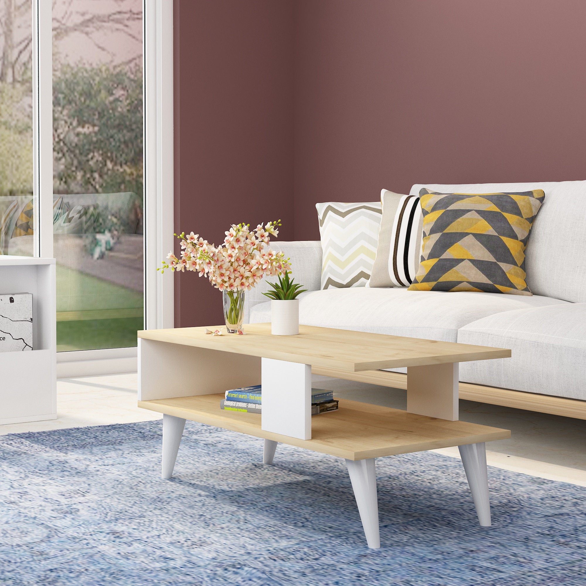 Mesa de Centro Moderna, Safira e Branco, 90 x 40 x 45 cm | Painel de Partículas 100% Revestido em Melamina, 18 mm de Espessura | Elegante e Funcional para Qualquer Espaço