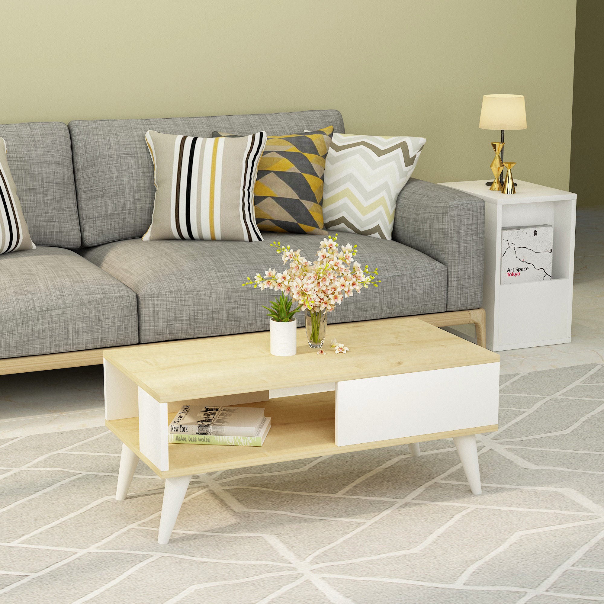 Mesa de Centro Moderna, Safira e Branco, 90 x 40 x 45 cm | Painel de Partículas 100% Revestido em Melamina, 18 mm de Espessura | Elegante e Funcional para Qualquer Espaço