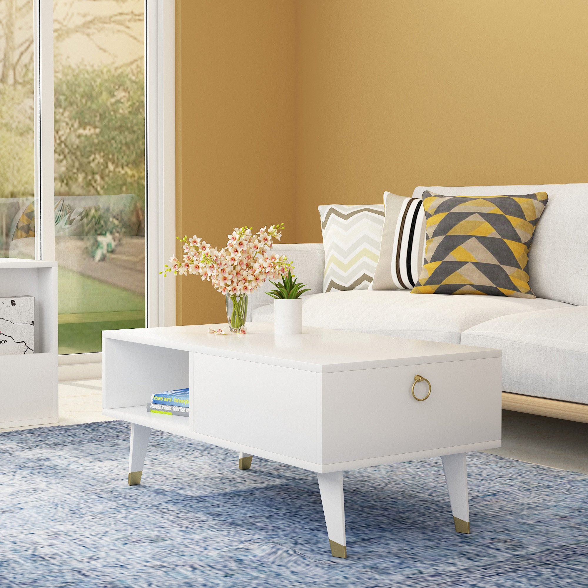 Mesa de Centro Branca Moderna, 90 x 45 x 42,4 cm | Painel de Partículas 100% Revestido em Melamina, 18 mm de Espessura | Design Elegante e Funcional para Espaços de Vida Contemporâneos
