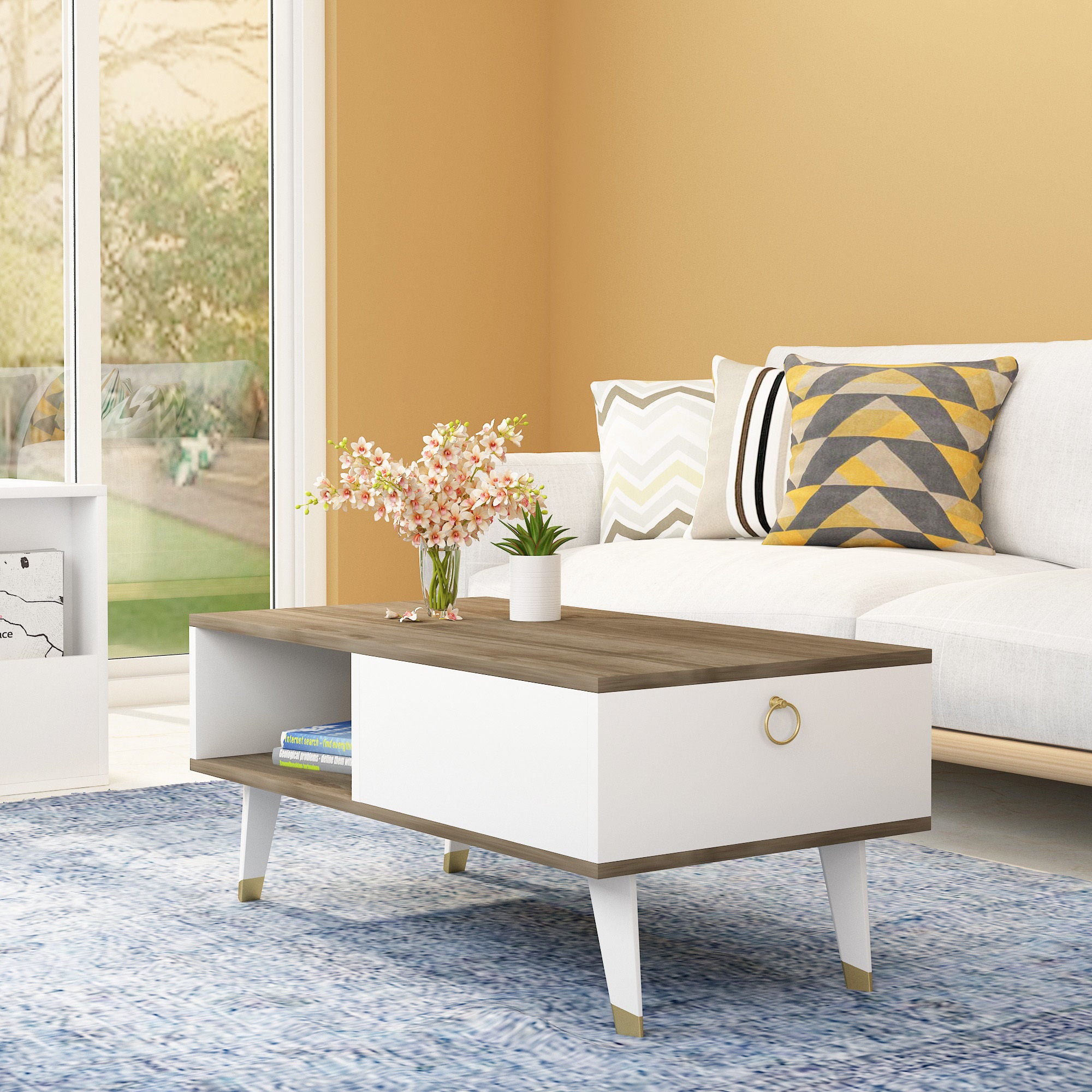 Mesa de Centro Moderna, Nogueira e Branco, 90 x 42,4 x 45 cm | Painel de Partículas 100% Revestido em Melamina, 18 mm de Espessura | Elegante e Funcional para Espaços de Convivência