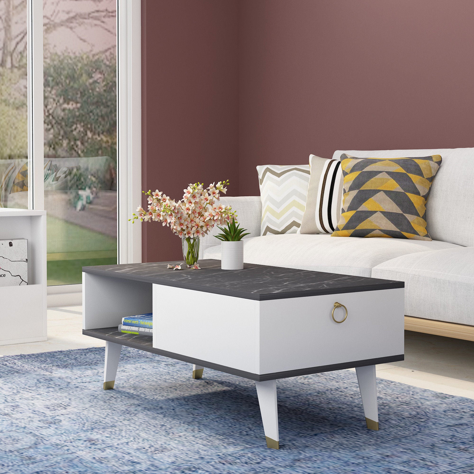 Mesa de Centro Moderna, Preta e Branca, 90 x 45 x 42,4 cm | Painel de Partículas 100% Revestido em Melamina, 18 mm de Espessura | Elegante e Funcional para Qualquer Espaço