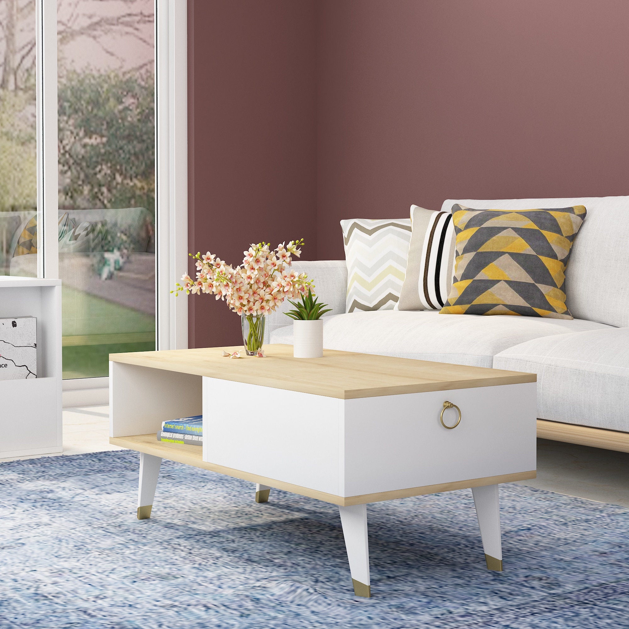 Mesa de Centro Moderna, Safira e Branco, 90 x 42,4 x 45 cm | Painel de Partículas 100% Revestido em Melamina, 18 mm de Espessura | Elegante e Funcional para Qualquer Espaço
