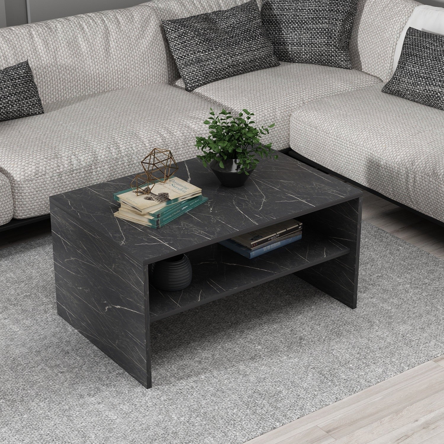 Mesa de Centro Elegante em Mármore Preto, 90 x 46,8 x 45 cm | Painel de Partículas 100% Revestido em Melamina, 18 mm de Espessura | Uma Adição Elegante aos Espaços Modernos
