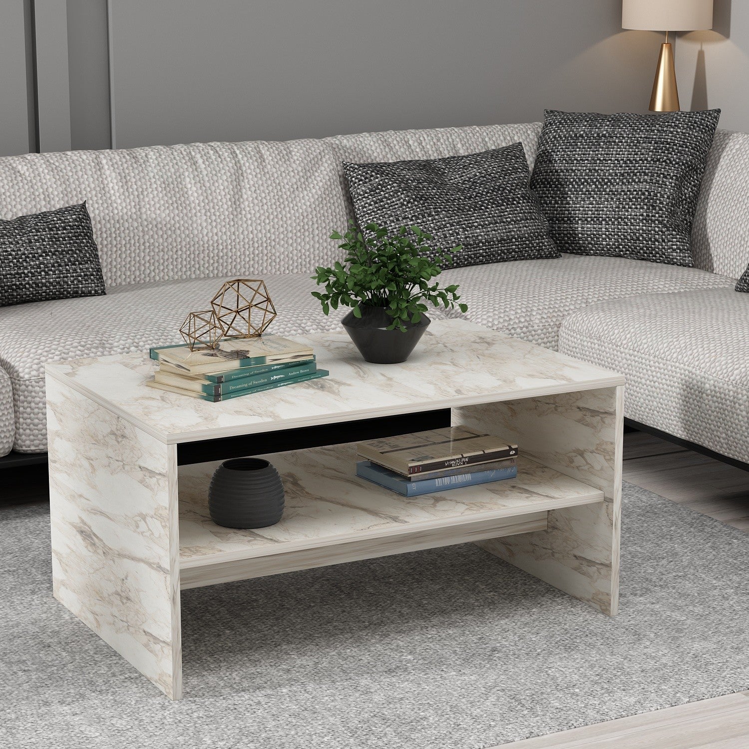 Mesa de Centro Elegante, Acabamento em Mármore Éfeso, 90 x 46,8 x 45 cm | Painel de Partículas 100% Revestido em Melamina, 18 mm de Espessura | Elegante e Funcional para Espaços Modernos