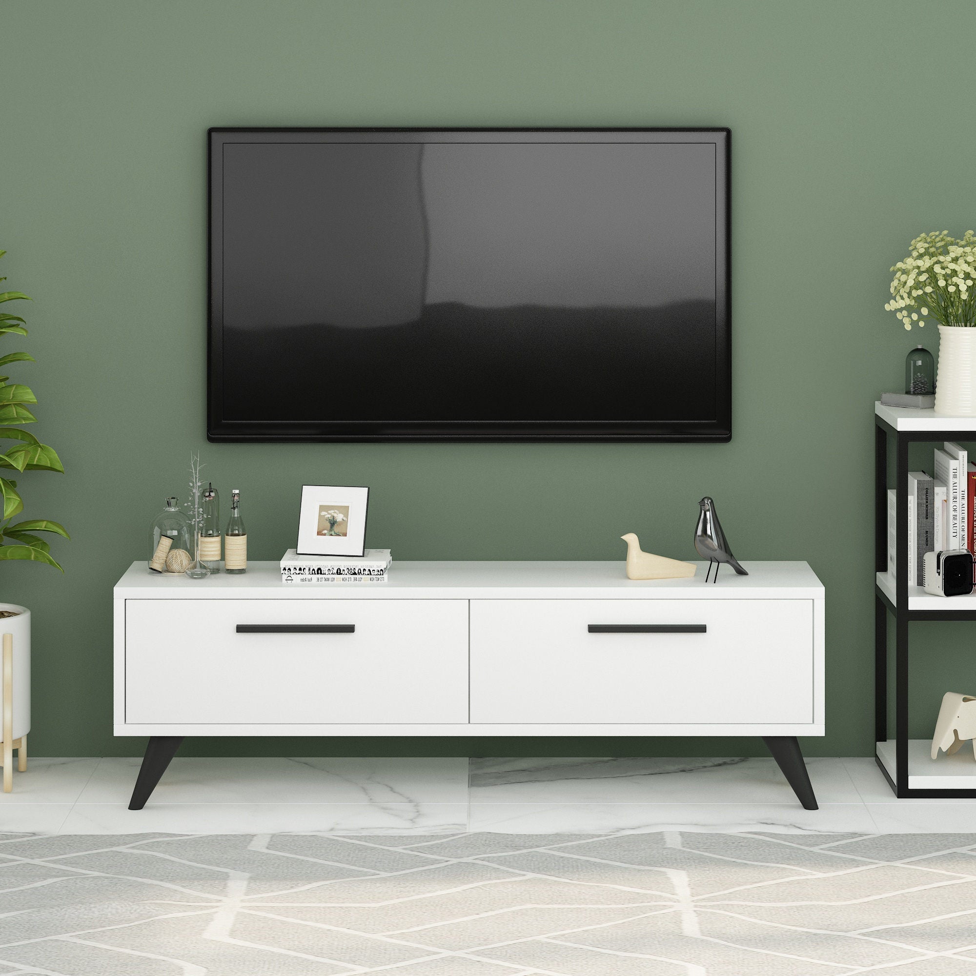 Móvel de TV – 120 cm x 45 cm x 29,6 cm – Branco – Painel de partículas revestido de melamina