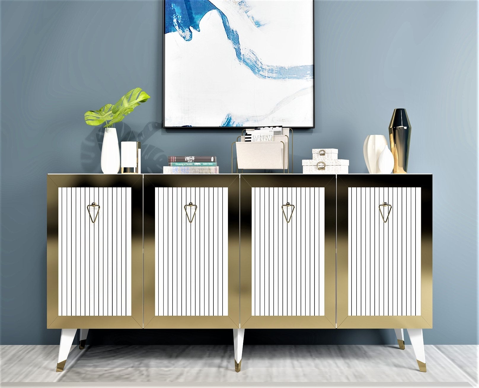 Aparador – 150 cm x 80 cm x 40 cm – Branco e Dourado – MDF revestido em melamina