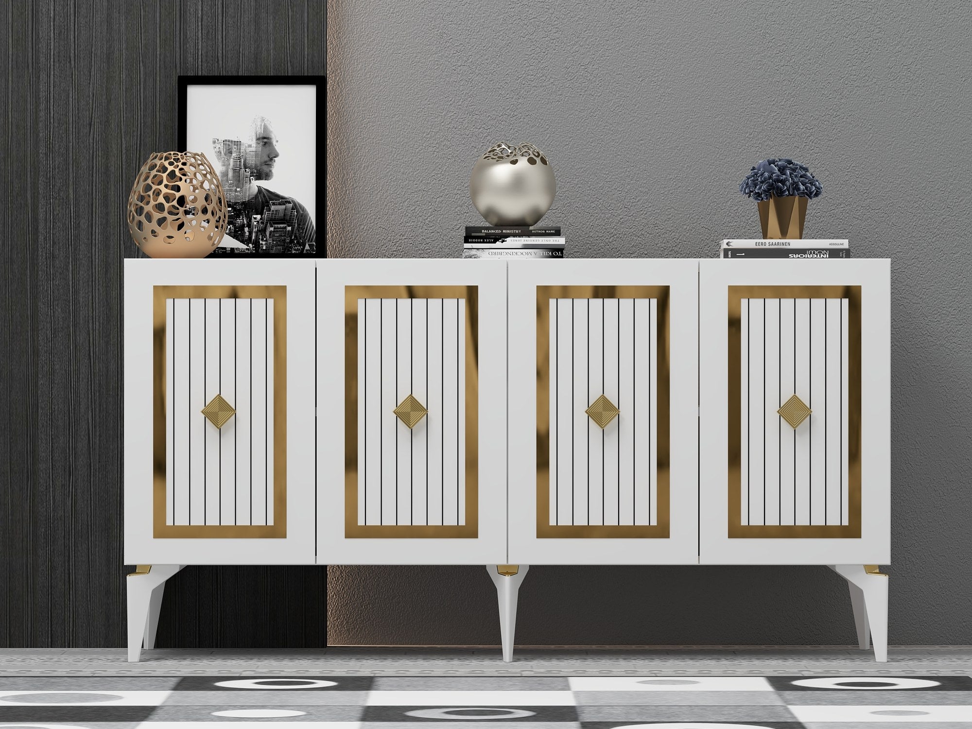 Aparador – 150 x 79 x 40 cm – Branco e Dourado – Painel de partículas revestido a melamina