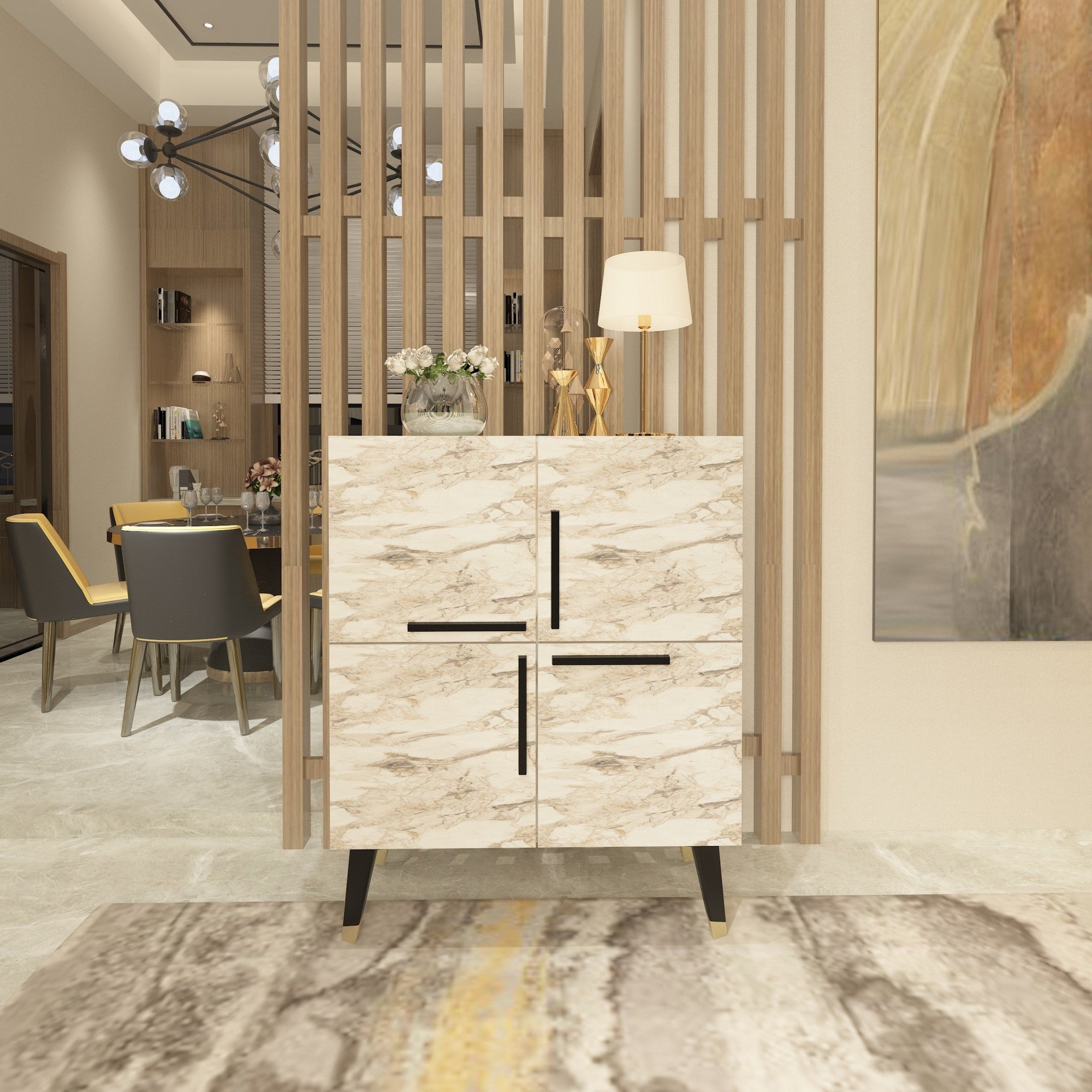 Aparador – 70 x 90 x 35 cm – Mármore Éfeso e Preto – Painel de partículas revestido a melamina