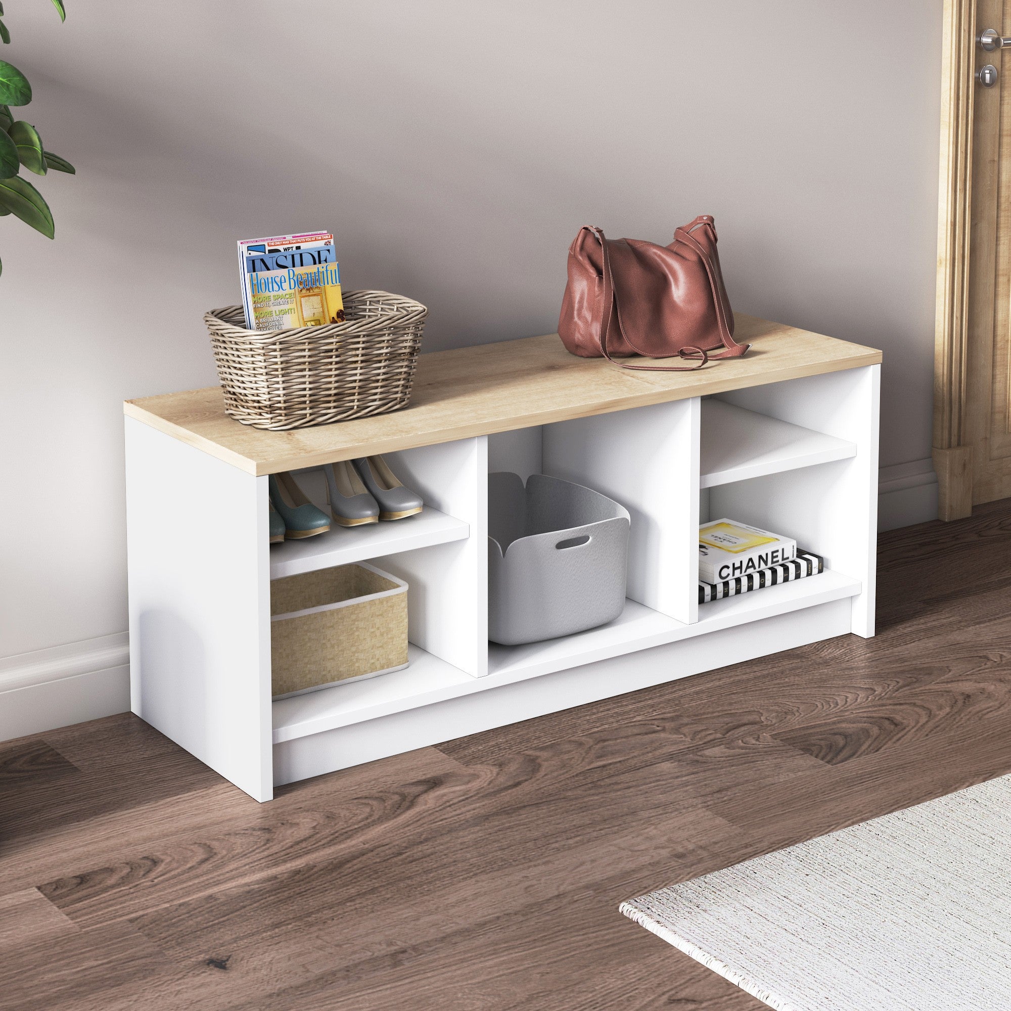 Sapateira moderna, carvalho branco e safira, 100 cm x 40 cm x 35 cm | Painel de partículas 100% revestido em melamina, 18 mm de espessura | Armazenamento elegante com várias prateleiras