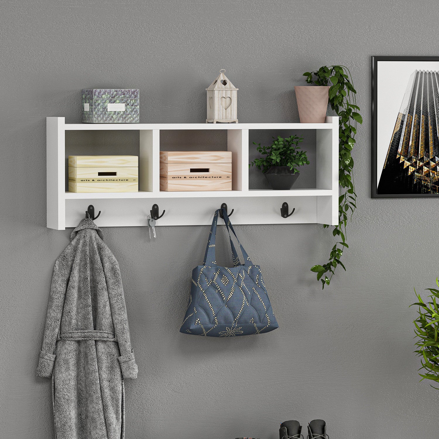Cabide de parede moderno, branco, 75,6 cm | Painel de partículas 100% revestido de melamina, 18 mm de espessura | Peso máximo de 8,8 lb, design elegante e funcional