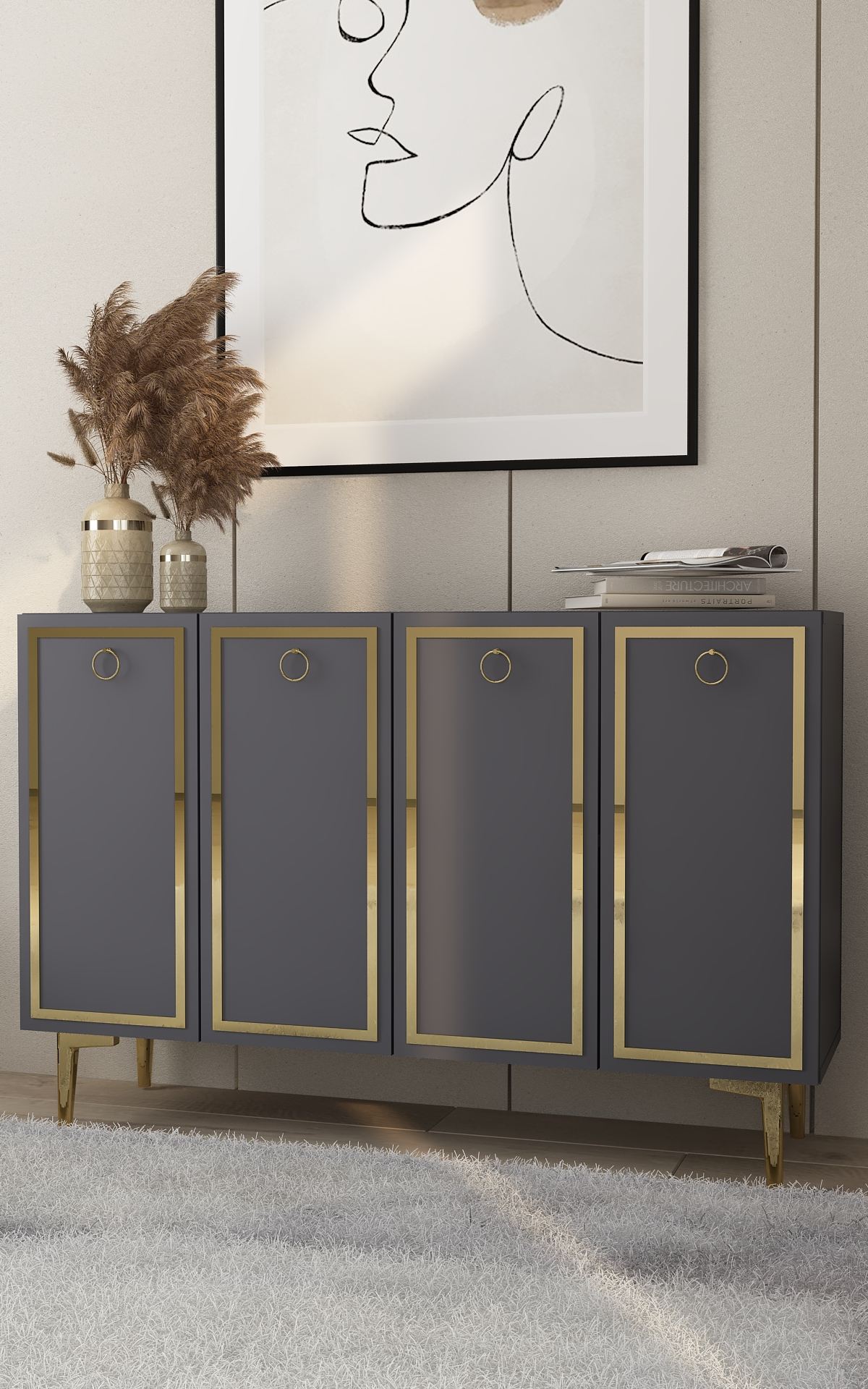 Aparador – 120cm x 75cm x 29,6cm – Antracite e Ouro – Aglomerado