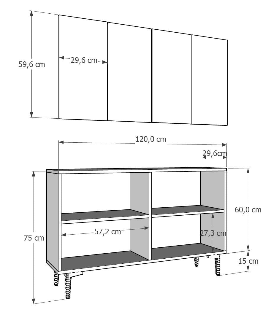 Aparador – 120cm x 75cm x 29,6cm – Antracite e Ouro – Aglomerado