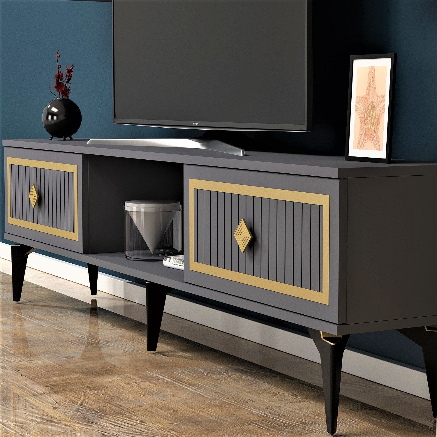 Móvel de TV – 150 cm x 44,6 cm x 29,6 cm – Antracite e Dourado – Melamina