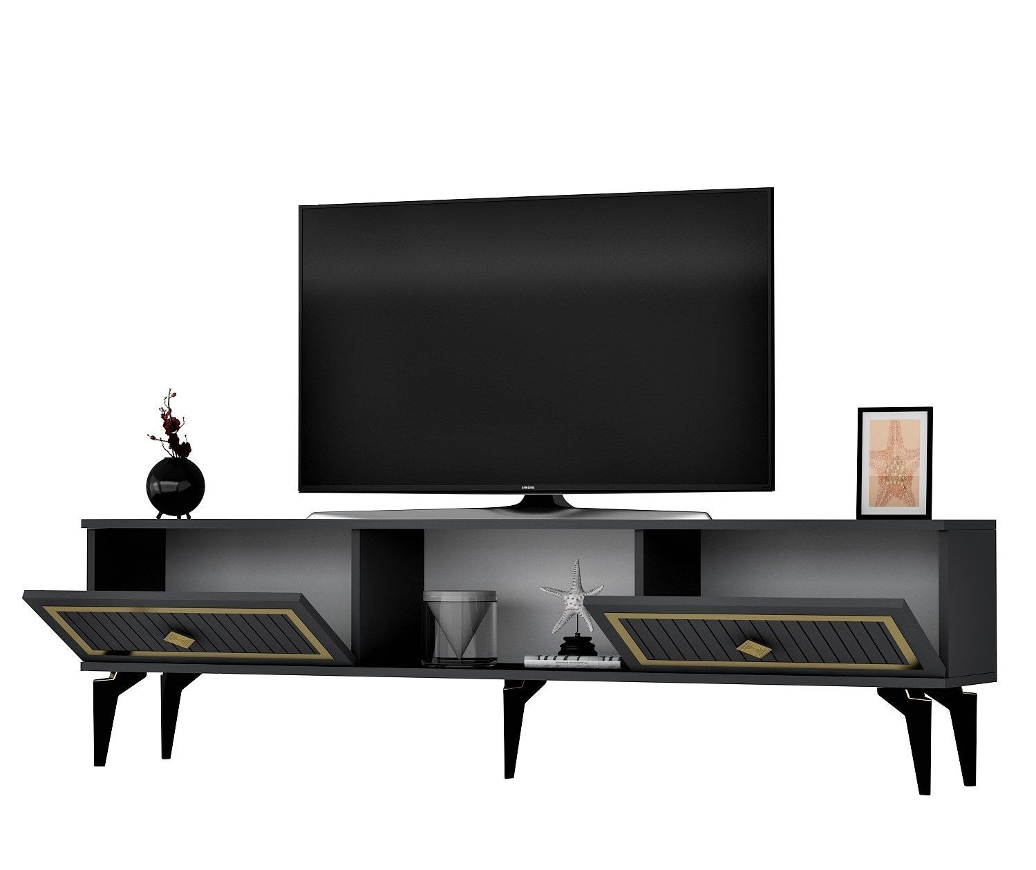Móvel de TV – 150 cm x 44,6 cm x 29,6 cm – Antracite e Dourado – Melamina
