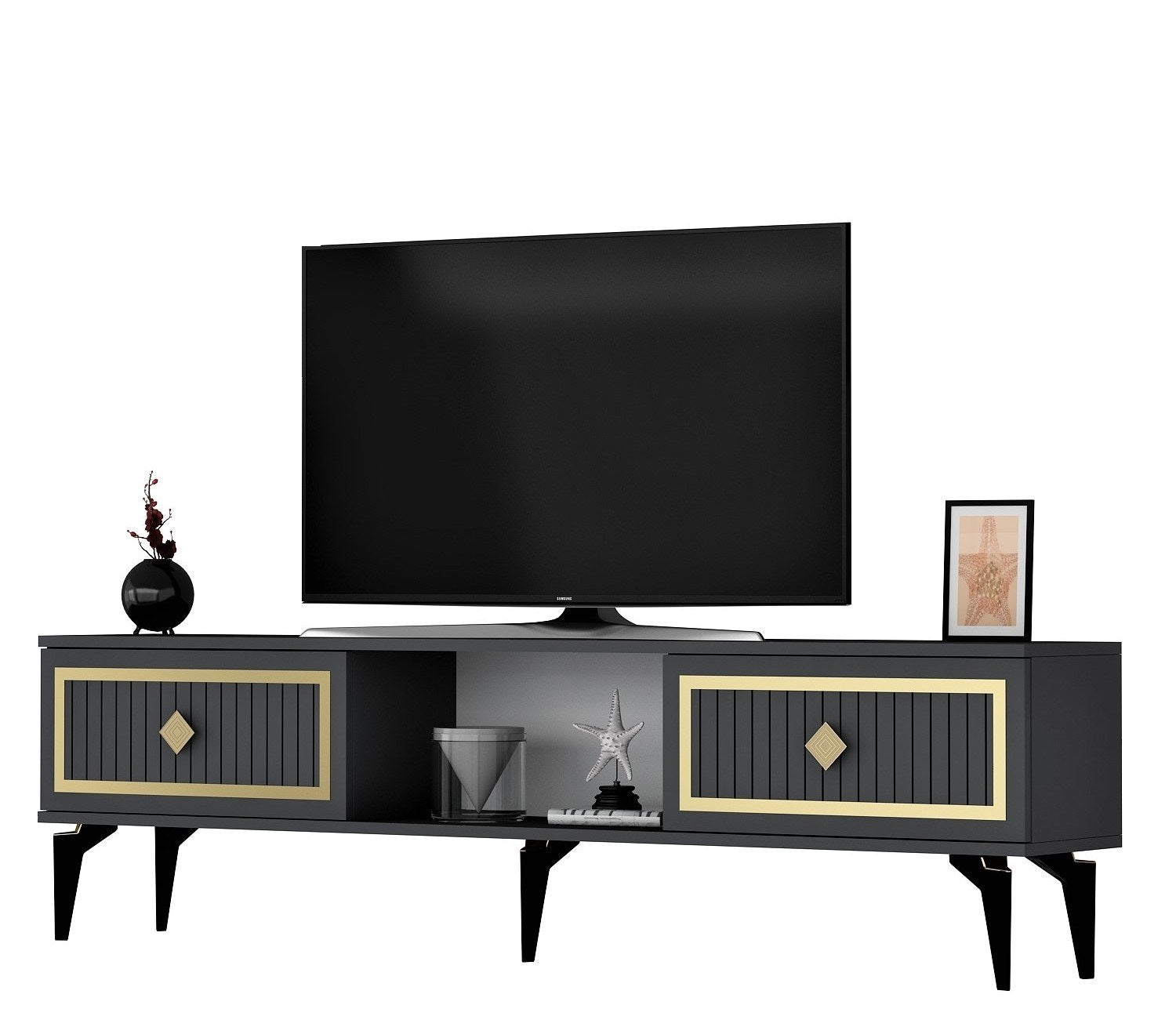 Móvel de TV – 150 cm x 44,6 cm x 29,6 cm – Antracite e Dourado – Melamina