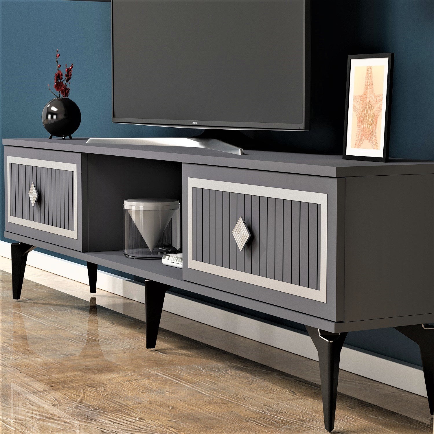 Móvel de TV – 150 cm x 44,6 cm x 29,6 cm – Antracite e Prata – Painel de partículas