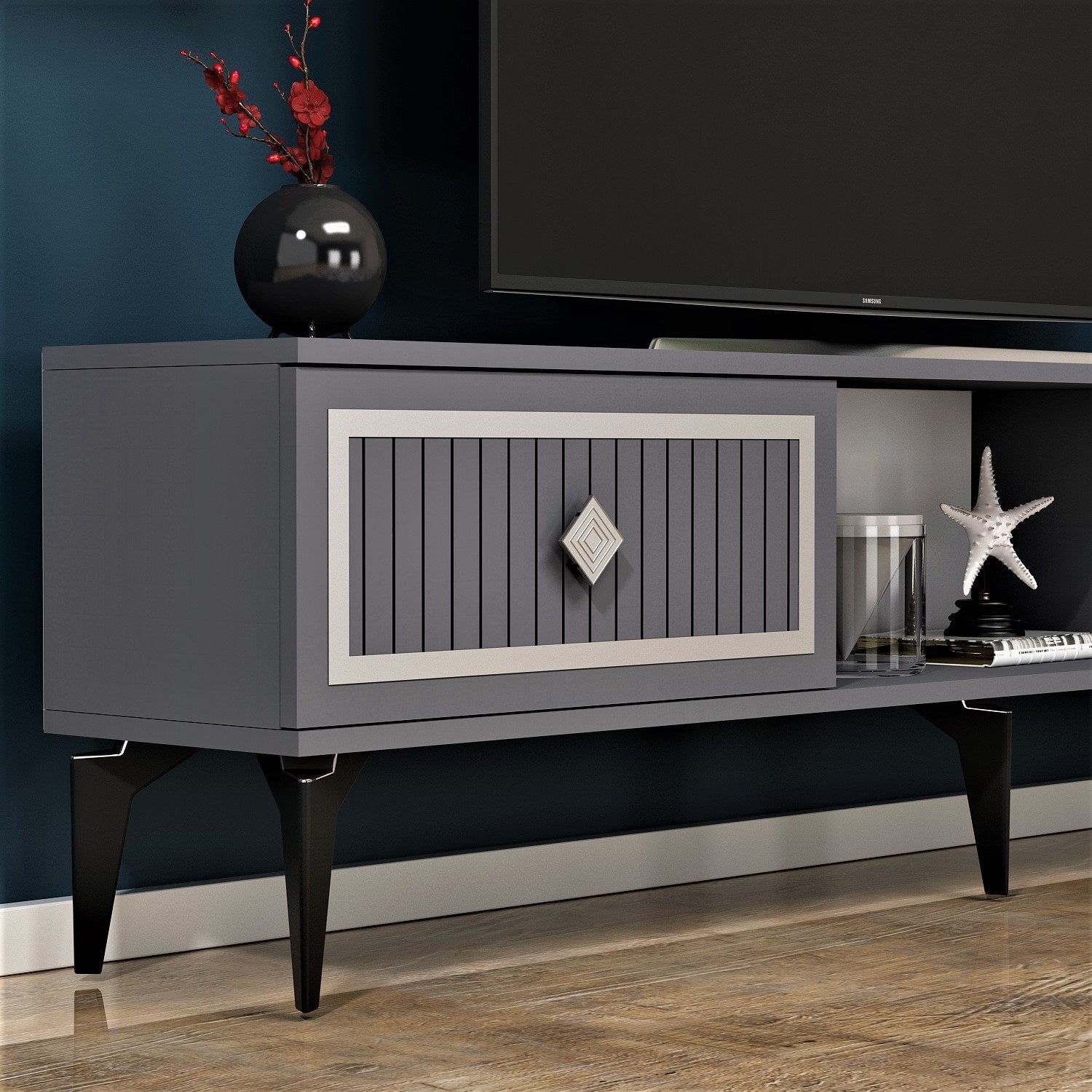 Móvel de TV – 150 cm x 44,6 cm x 29,6 cm – Antracite e Prata – Painel de partículas