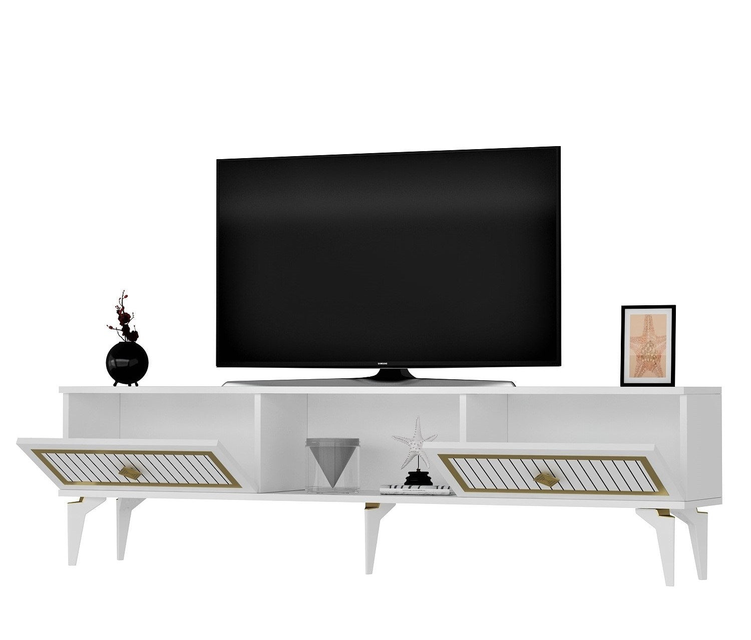 Móvel de TV – 150 cm – Branco e Dourado – Painéis de partículas revestidos a melamina