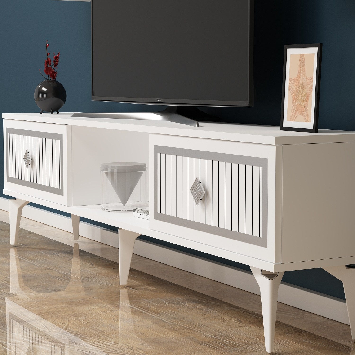 Móvel de TV – 150 cm x 44,6 cm x 29,6 cm – Branco e Prata – Painéis de partículas revestidos a melamina