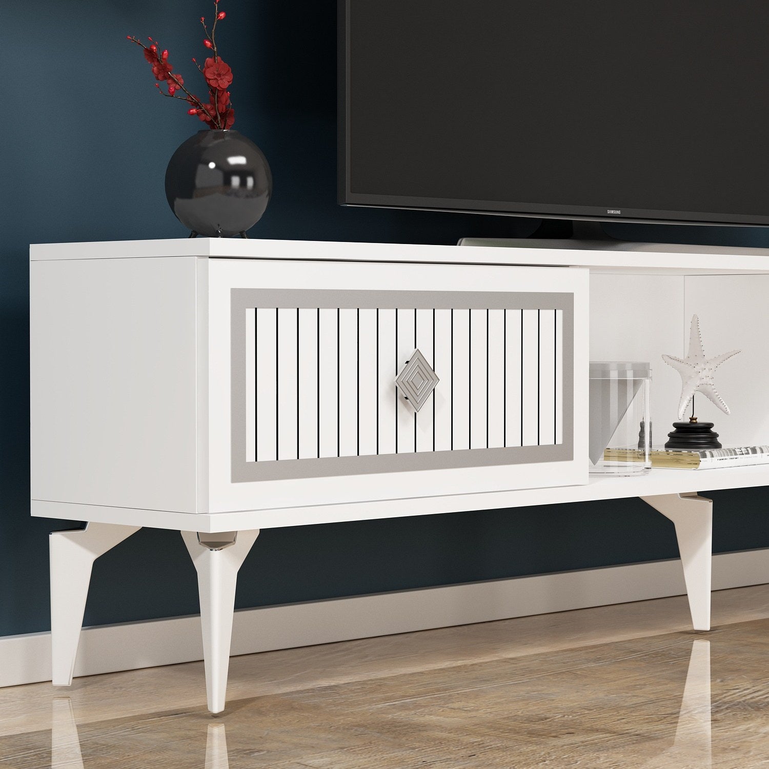 Móvel de TV – 150 cm x 44,6 cm x 29,6 cm – Branco e Prata – Painéis de partículas revestidos a melamina