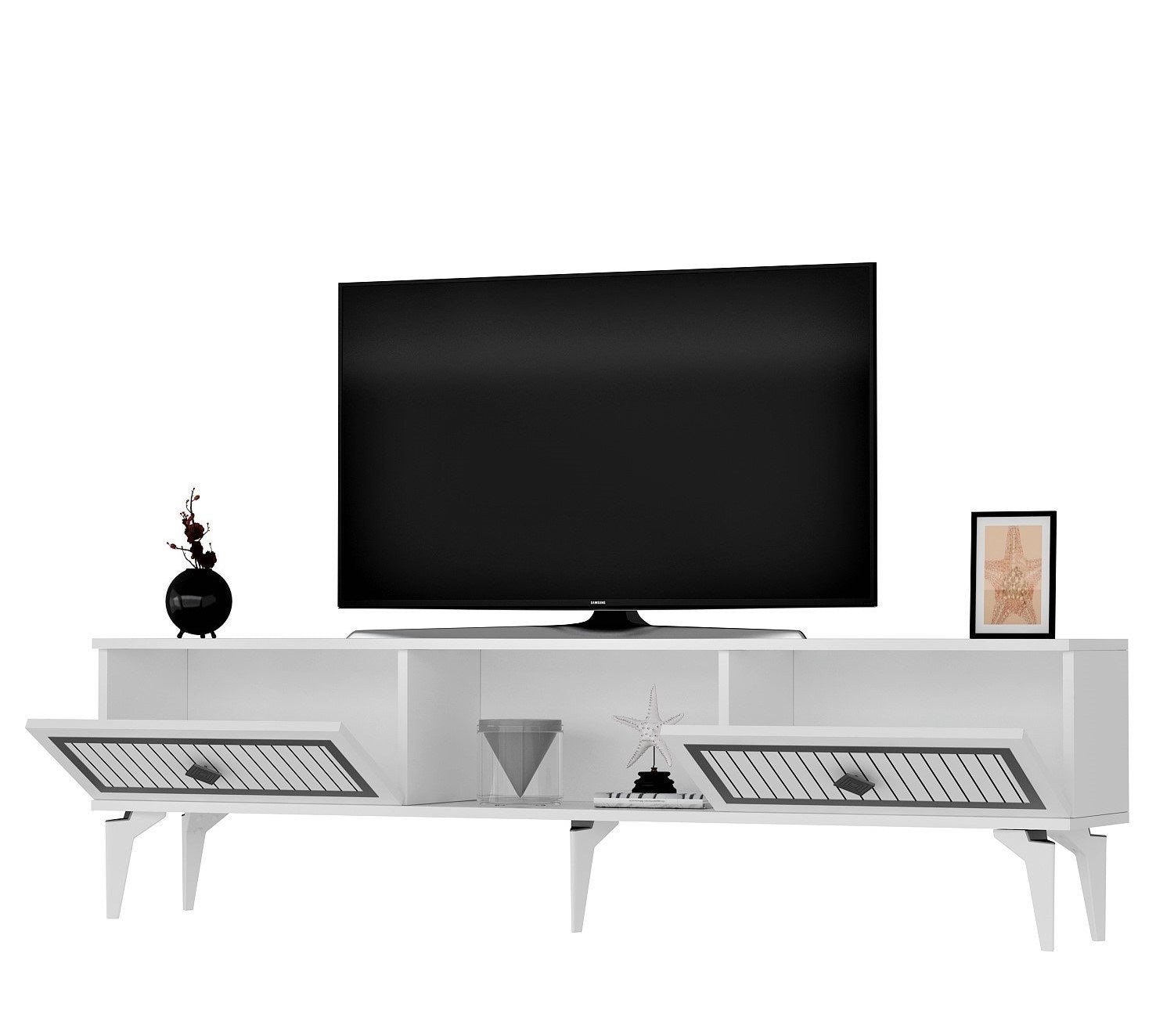 Móvel de TV – 150 cm x 44,6 cm x 29,6 cm – Branco e Prata – Painéis de partículas revestidos a melamina