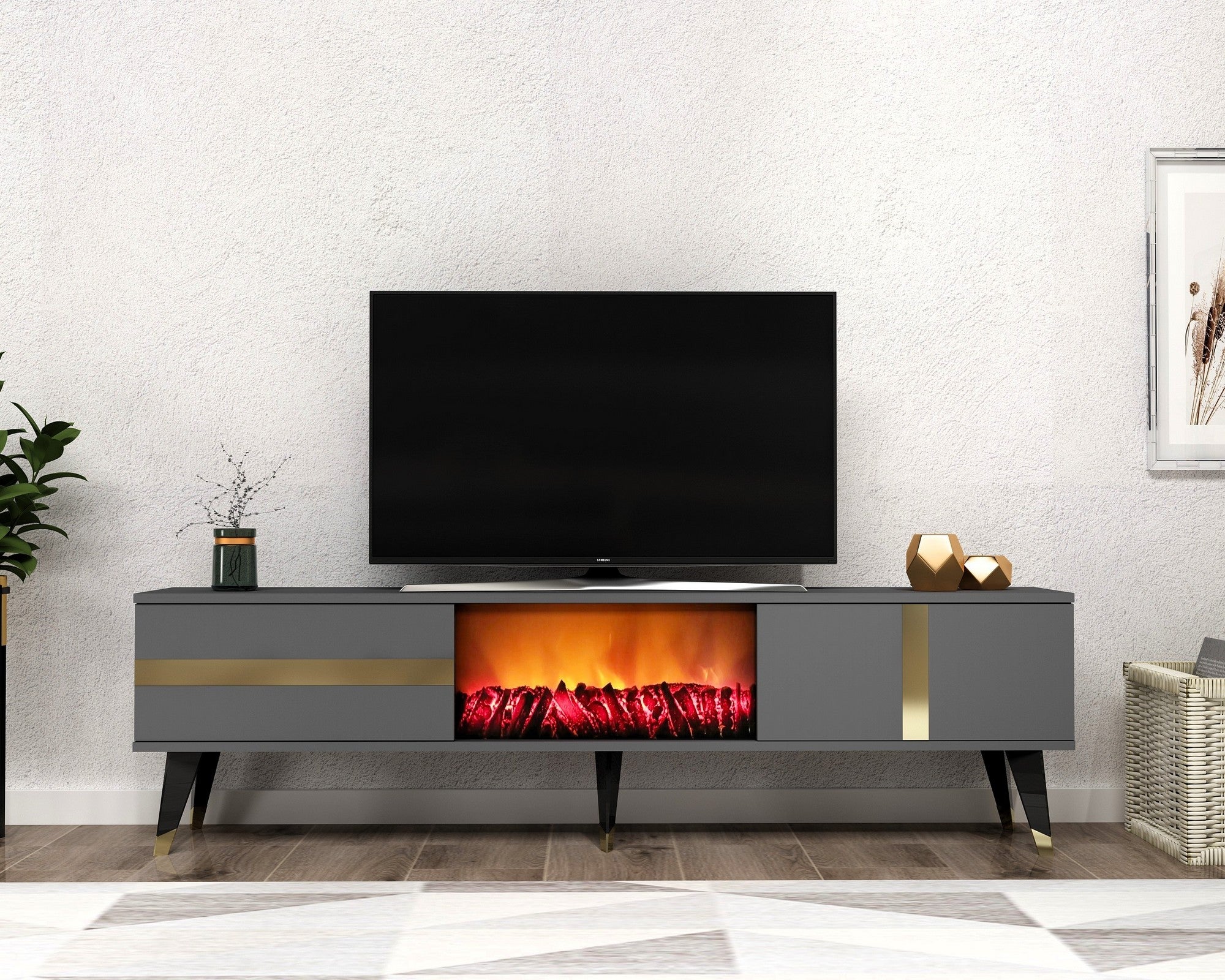 Móvel de TV com Lareira Elétrica – 150 cm x 50 cm x 29,6 cm – Antracite e Dourado – Painel de Partículas Revestido a Melamina