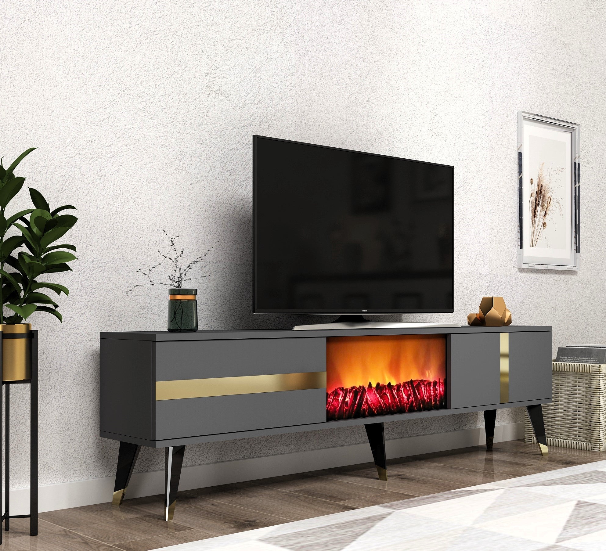 Móvel de TV com Lareira Elétrica – 150 cm x 50 cm x 29,6 cm – Antracite e Dourado – Painel de Partículas Revestido a Melamina