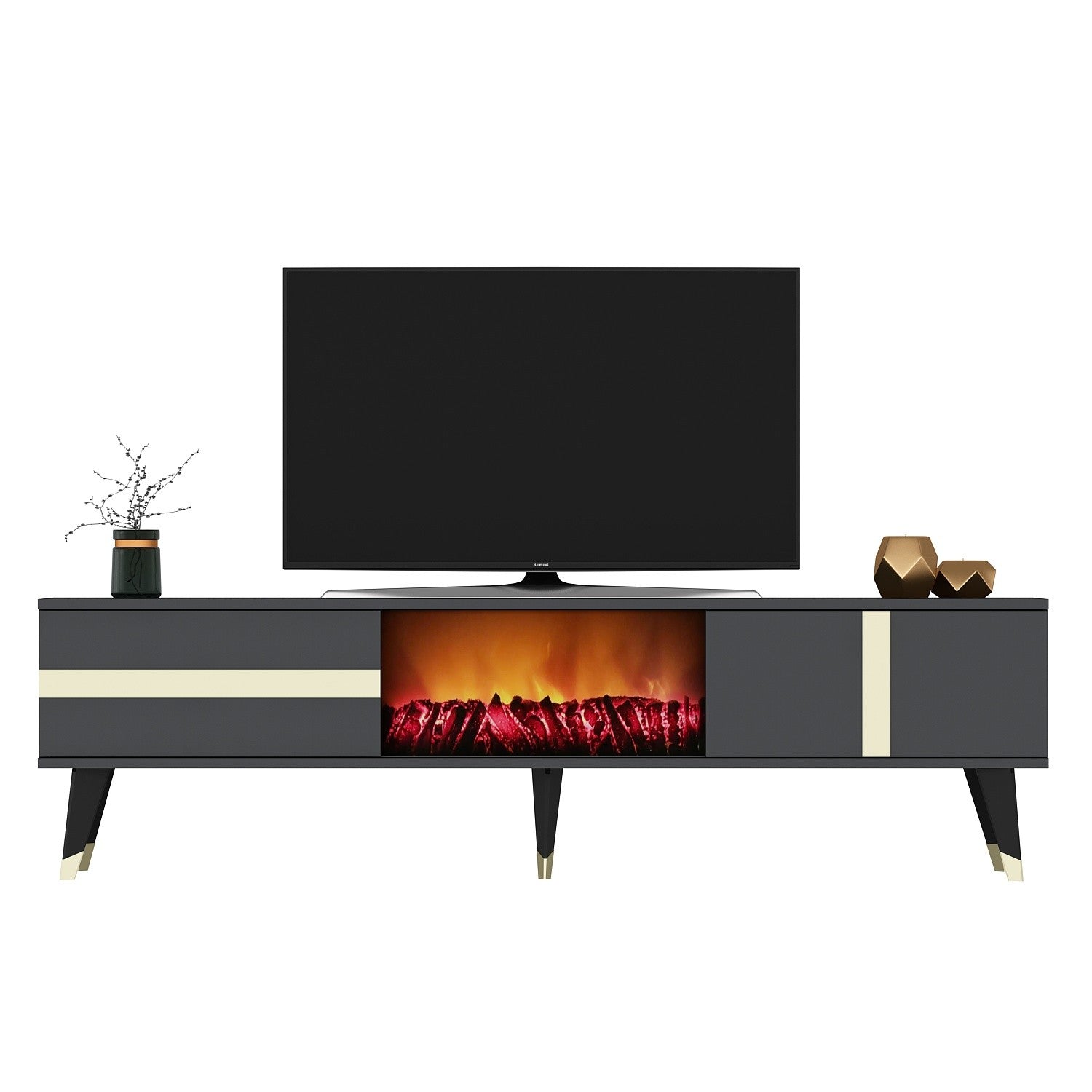 Móvel de TV com Lareira Elétrica – 150 cm x 50 cm x 29,6 cm – Antracite e Dourado – Painel de Partículas Revestido a Melamina