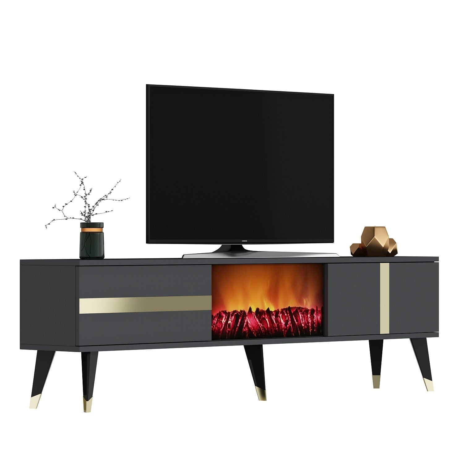 Móvel de TV com Lareira Elétrica – 150 cm x 50 cm x 29,6 cm – Antracite e Dourado – Painel de Partículas Revestido a Melamina