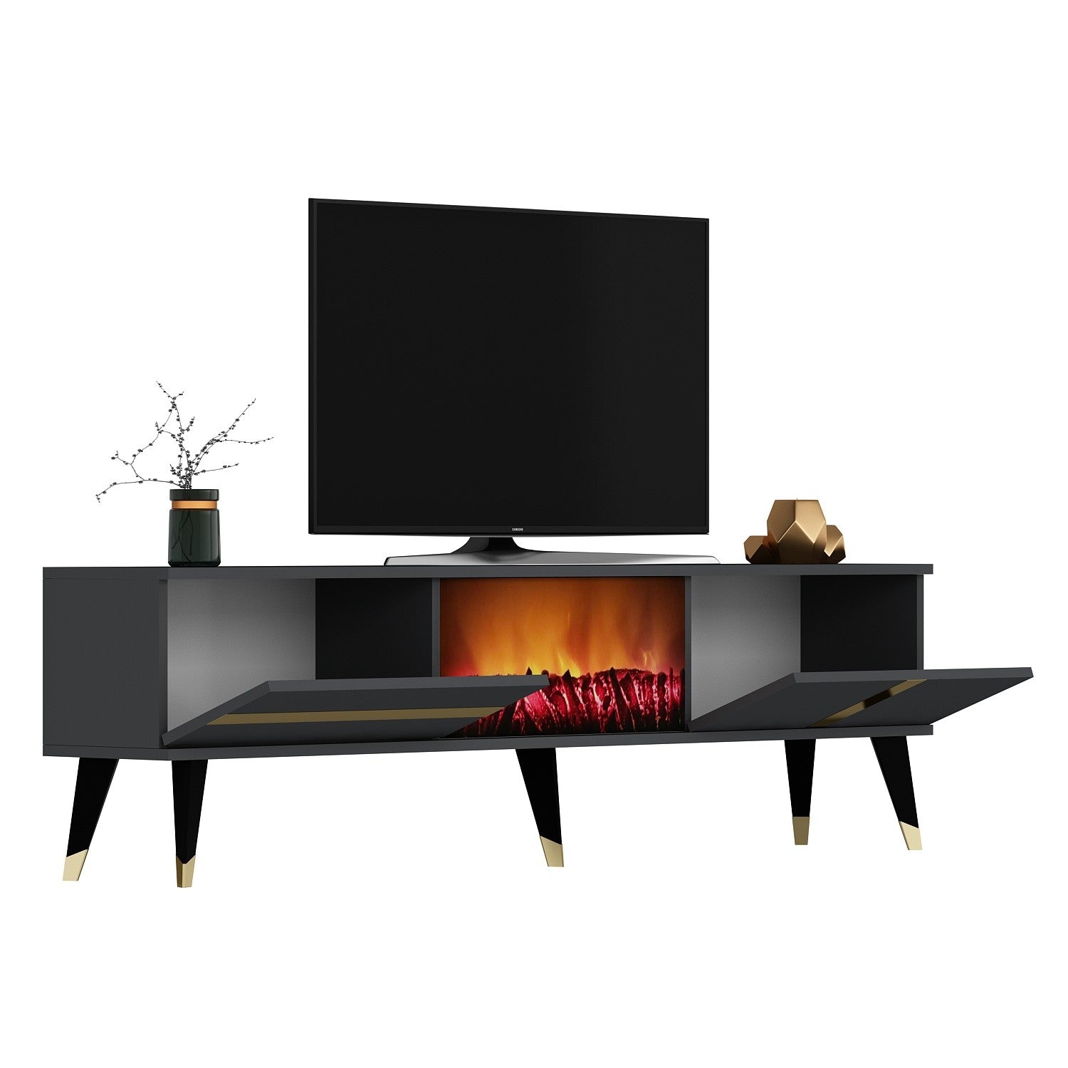 Móvel de TV com Lareira Elétrica – 150 cm x 50 cm x 29,6 cm – Antracite e Dourado – Painel de Partículas Revestido a Melamina