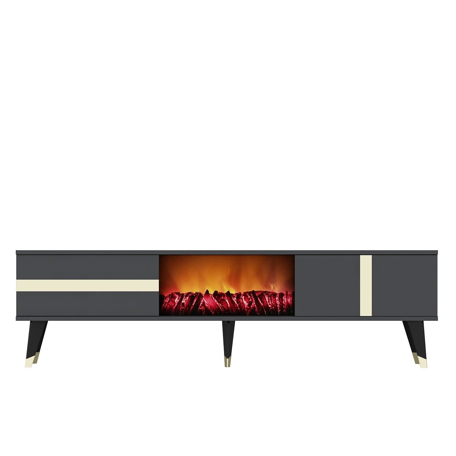 Móvel de TV com Lareira Elétrica – 150 cm x 50 cm x 29,6 cm – Antracite e Dourado – Painel de Partículas Revestido a Melamina