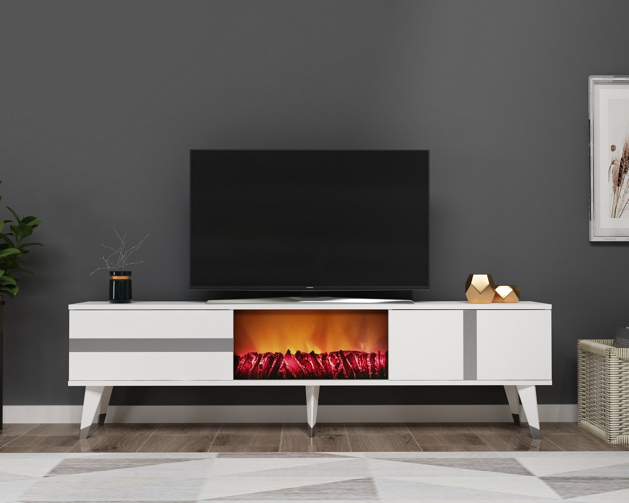 Móvel de TV com Lareira Elétrica – 150cm x 50cm x 29.6cm – Branco e Prateado – Melamina
