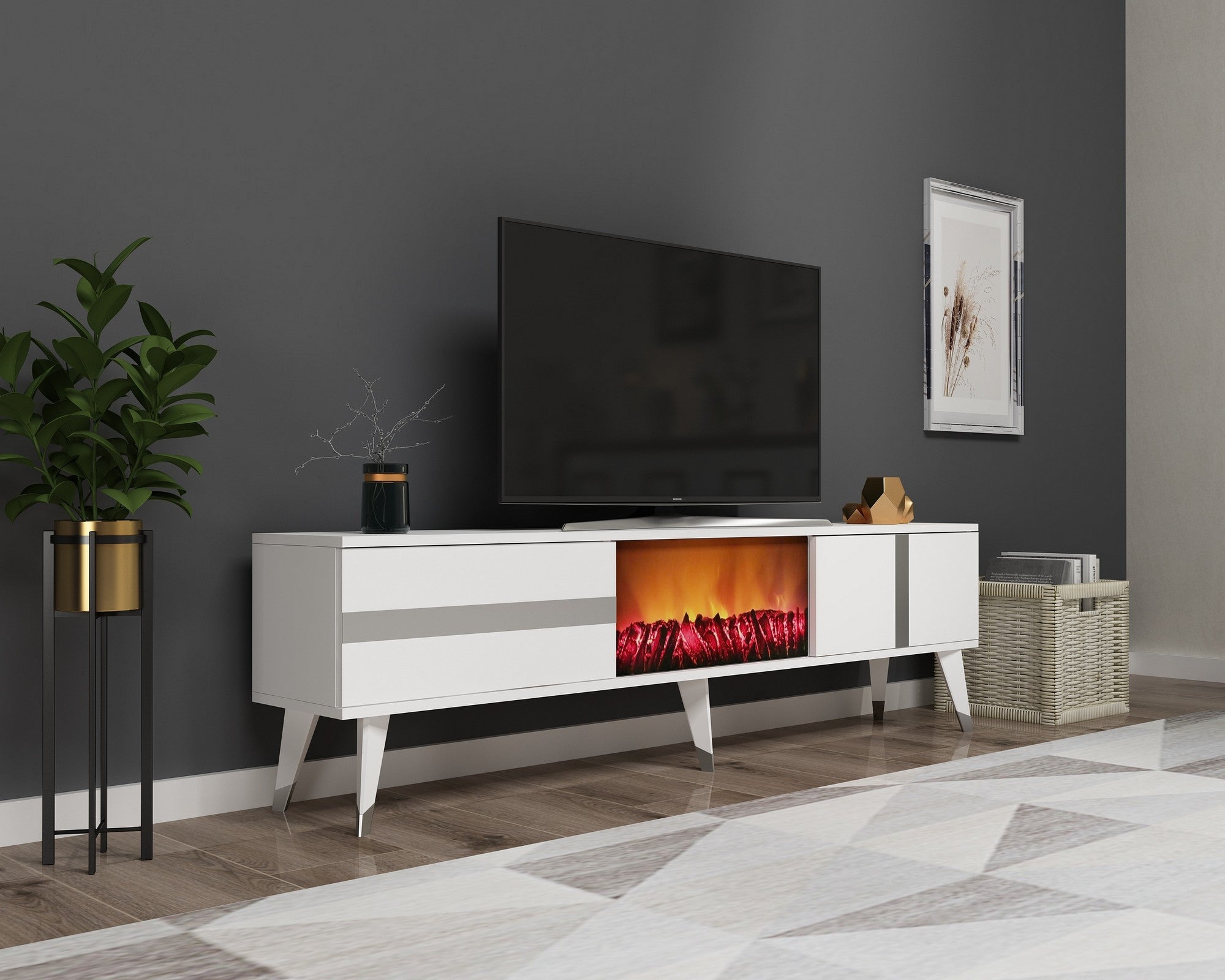 Móvel de TV com Lareira Elétrica – 150cm x 50cm x 29.6cm – Branco e Prateado – Melamina