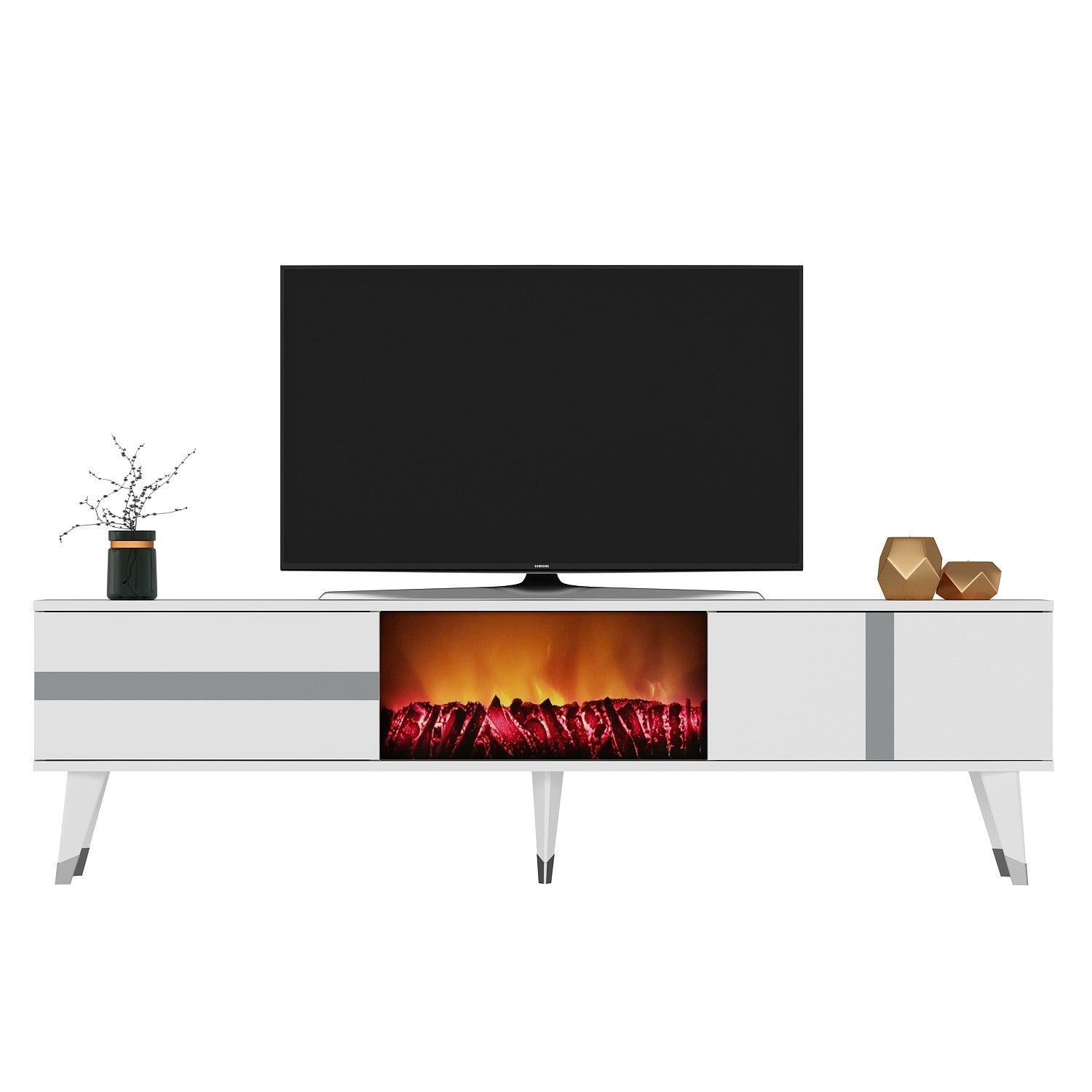 Móvel de TV com Lareira Elétrica – 150cm x 50cm x 29.6cm – Branco e Prateado – Melamina