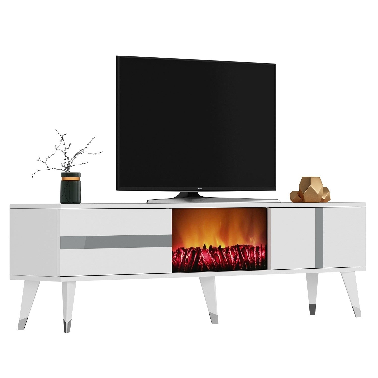 Móvel de TV com Lareira Elétrica – 150cm x 50cm x 29.6cm – Branco e Prateado – Melamina