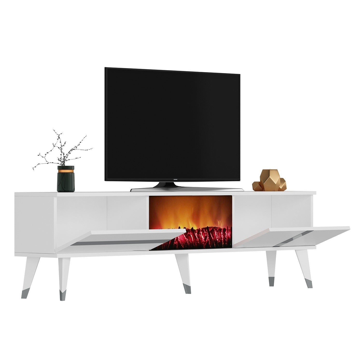 Móvel de TV com Lareira Elétrica – 150cm x 50cm x 29.6cm – Branco e Prateado – Melamina