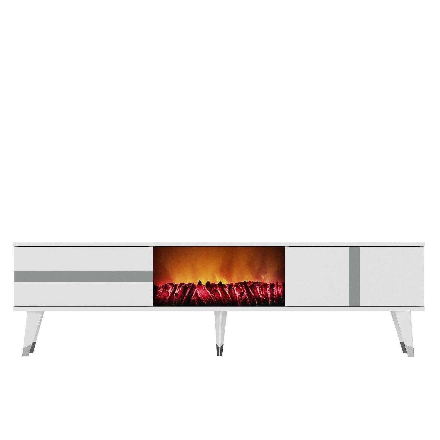 Móvel de TV com Lareira Elétrica – 150cm x 50cm x 29.6cm – Branco e Prateado – Melamina