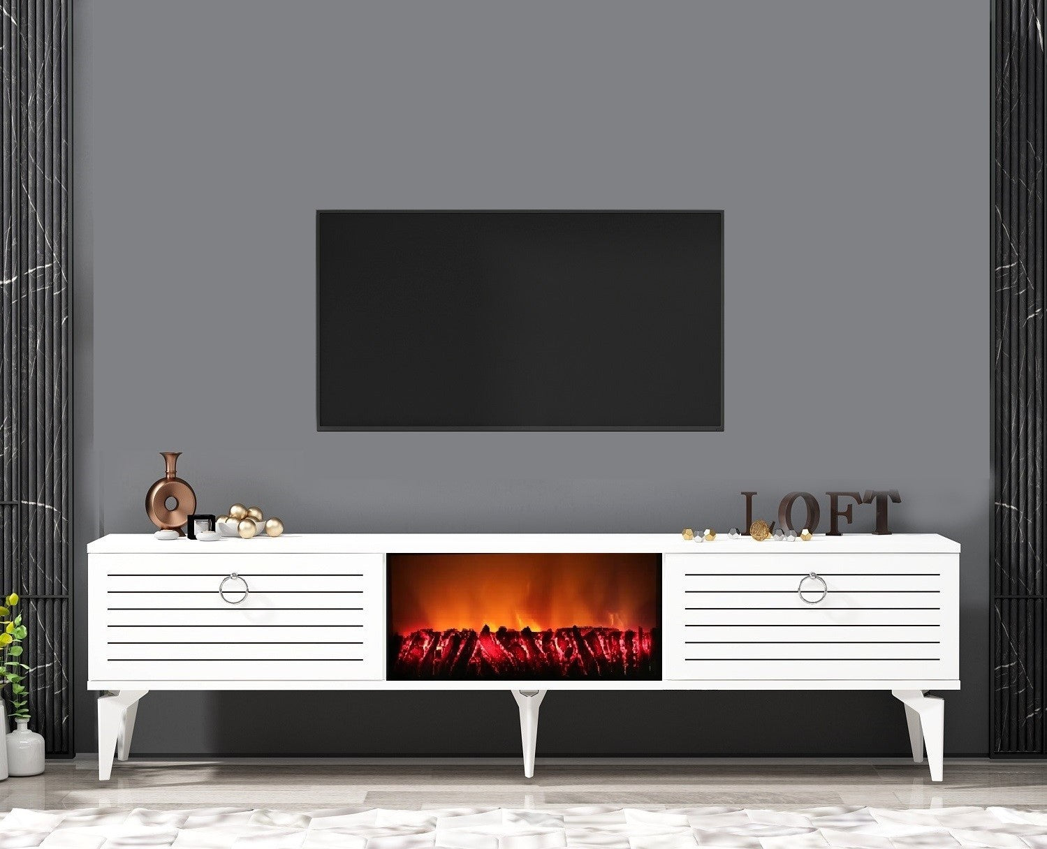 Móvel de TV com Lareira Elétrica – 150 cm x 44,6 cm x 29,6 cm – Branco – Painéis de partículas revestidos a melamina