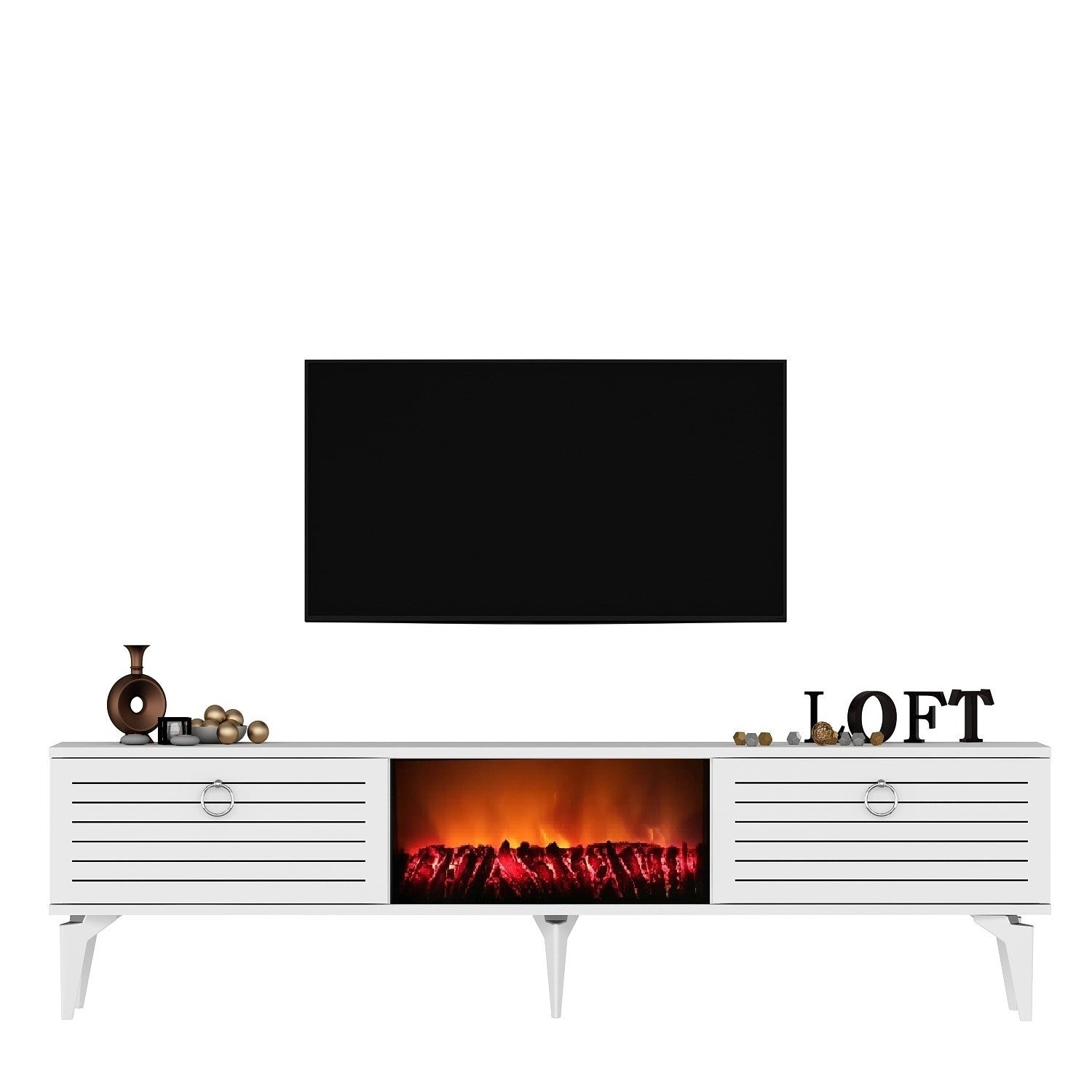 Móvel de TV com Lareira Elétrica – 150 cm x 44,6 cm x 29,6 cm – Branco – Painéis de partículas revestidos a melamina