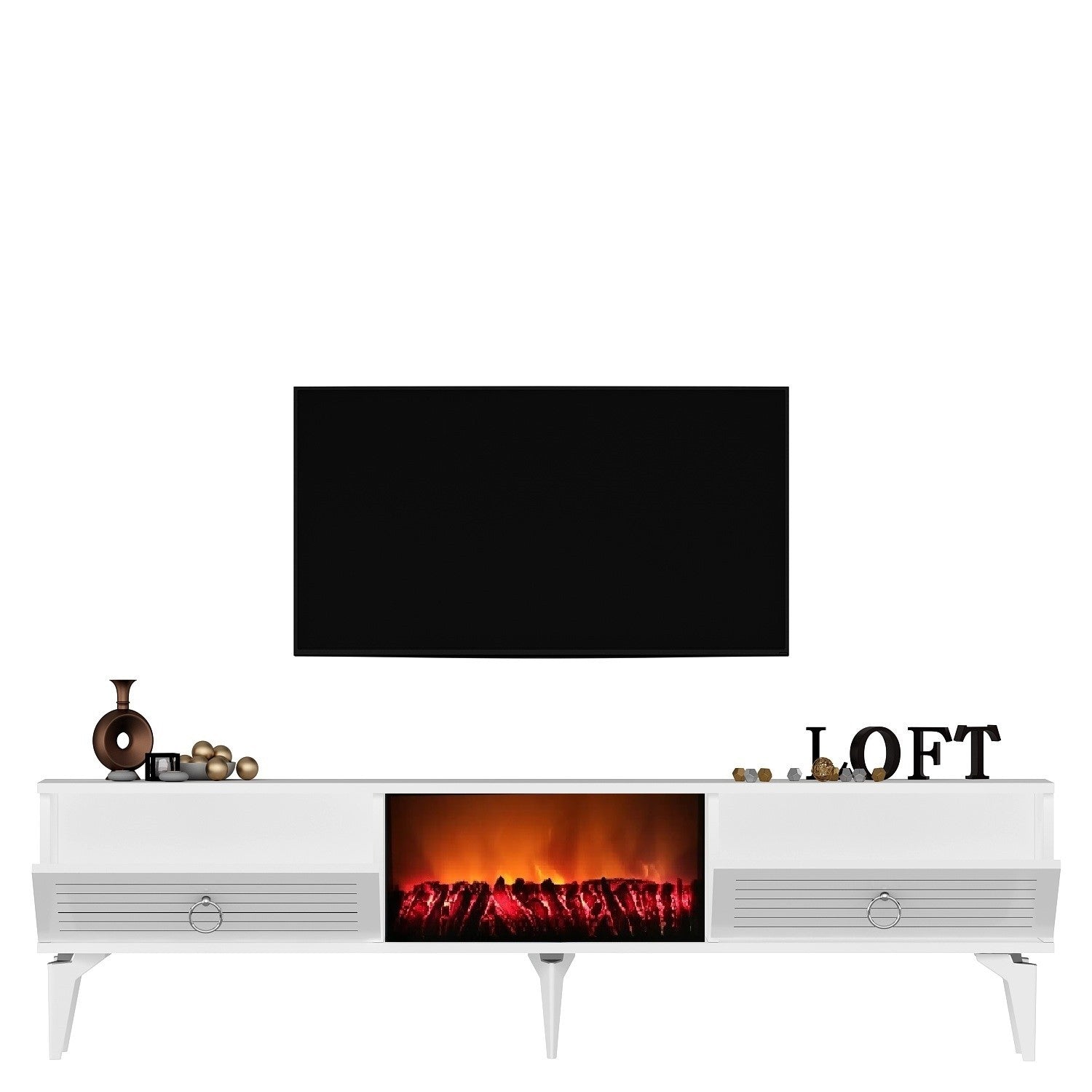 Móvel de TV com Lareira Elétrica – 150 cm x 44,6 cm x 29,6 cm – Branco – Painéis de partículas revestidos a melamina