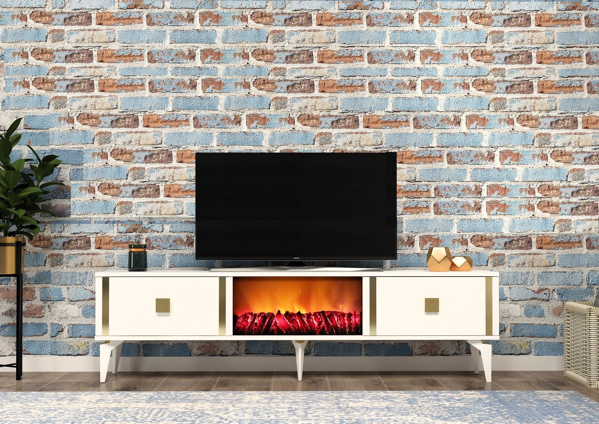 Móvel de TV com Lareira Elétrica – 150 cm – Branco e Dourado – Melamina